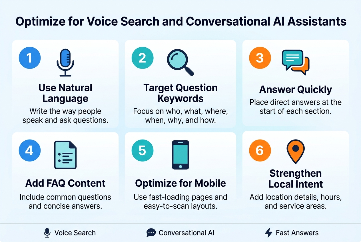 Create a full-bleed horizontal infographic in a 3:2 aspect ratio with a clean modern tech style, white background with subtle light-blue gradients, dark navy text, cyan and teal accents, and small orange highlights. Use a bold sans-serif heading across the top center: "Optimize for Voice Search and Conversational AI Assistants".
Below the heading, arrange six wide content blocks in a 3-column by 2-row grid with clear spacing, each block containing a large numbered circle, a simple icon, a short title, and one concise supporting line. Use flat vector icons and crisp typography.
Block 1, top left: a blue circle with number "1" and a microphone icon. Title text: "Use Natural Language". Supporting text: "Write the way people speak and ask questions."
Block 2, top center: a teal circle with number "2" and a magnifying glass icon. Title text: "Target Question Keywords". Supporting text: "Focus on who, what, where, when, why, and how."
Block 3, top right: an orange circle with number "3" and a chat bubble icon. Title text: "Answer Quickly". Supporting text: "Place direct answers at the start of each section."
Block 4, bottom left: a blue circle with number "4" and a document icon with lines and bullets. Title text: "Add FAQ Content". Supporting text: "Include common questions and concise answers."
Block 5, bottom center: a teal circle with number "5" and a smartphone icon. Title text: "Optimize for Mobile". Supporting text: "Use fast-loading pages and easy-to-scan layouts."
Block 6, bottom right: an orange circle with number "6" and a map pin icon. Title text: "Strengthen Local Intent". Supporting text: "Add location details, hours, and service areas."
Add a slim footer bar along the bottom with three small icon labels separated evenly: microphone icon with "Voice Search", chat icon with "Conversational AI", and lightning icon with "Fast Answers". Use a polished editorial infographic layout, strong alignment, and high contrast visual hierarchy.