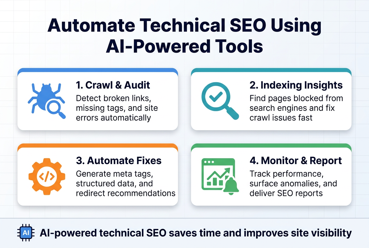 Create a full-bleed 3:2 horizontal infographic with a clean modern tech style, white background with subtle light-gray grid texture, blue and teal accents, dark navy text, and orange highlight details. Use a bold sans-serif font for the title and a clean readable sans-serif for body text.
Top center: large bold heading in dark navy text, exact wording: "Automate Technical SEO Using AI-Powered Tools"
Below the heading, arrange four wide horizontal sections across the canvas in a 2x2 grid with clear spacing, each section in a rounded rectangle card with a soft shadow and a colored header strip. Use large simple icons at the left of each card and short text at the right.
Section 1, top left card:
Icon: a blue website crawl spider with a magnifying glass.
Title text: "1. Crawl & Audit"
Body text: "Detect broken links, missing tags, and site errors automatically"
Section 2, top right card:
Icon: a teal index/search engine magnifier with a checkmark.
Title text: "2. Indexing Insights"
Body text: "Find pages blocked from search engines and fix crawl issues fast"
Section 3, bottom left card:
Icon: an orange gear with a code bracket symbol.
Title text: "3. Automate Fixes"
Body text: "Generate meta tags, structured data, and redirect recommendations"
Section 4, bottom right card:
Icon: a green analytics dashboard with a trending line and alert bell.
Title text: "4. Monitor & Report"
Body text: "Track performance, surface anomalies, and deliver SEO reports"
Add a slim bottom banner spanning the full width with a small AI chip icon on the left and the text in bold: "AI-powered technical SEO saves time and improves site visibility"
Use clear visual hierarchy, balanced spacing, strong alignment, and a professional infographic layout with no extra text.