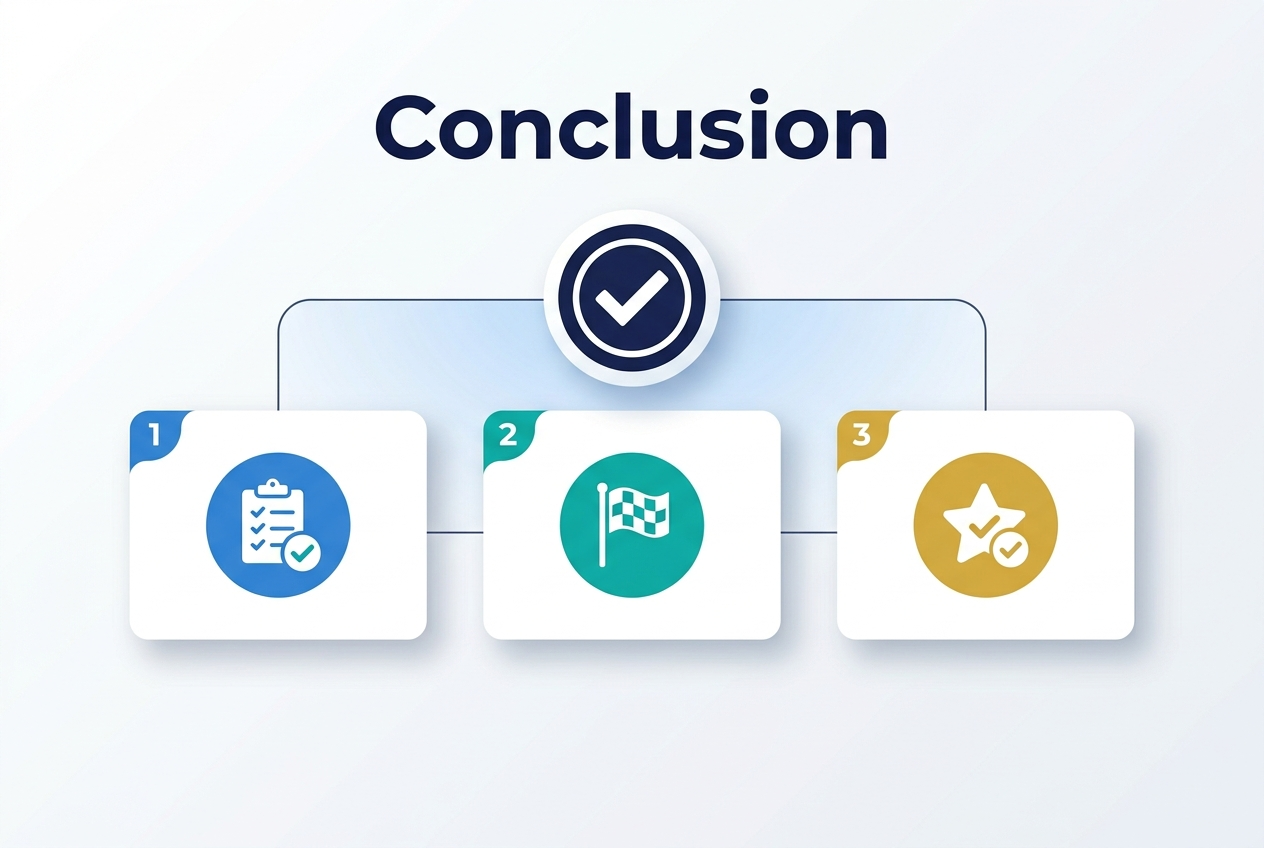 Full-bleed 3:2 infographic illustration with a clean professional layout on a white-to-light-gray background, subtle blue gradient accents, modern sans-serif typography, and strong visual hierarchy. Place a bold, large heading at the top center in dark navy text: "Conclusion". Across the wide middle section, create three evenly spaced horizontal blocks/cards with soft shadows and rounded corners: left card with a blue circular icon containing a checklist and a green checkmark, center card with a teal circular icon containing a finish flag, right card with a gold circular icon containing a star and checkmark. Use thin connecting lines between the three cards for a polished flow. Add a large central confirmation badge beneath the heading, a navy circle with a white checkmark, positioned slightly above the cards. Include small numbered markers "1", "2", and "3" in matching accent colors at the top-left of each card. Keep the composition spacious, balanced, and uncluttered, with clean margins and crisp infographic styling.