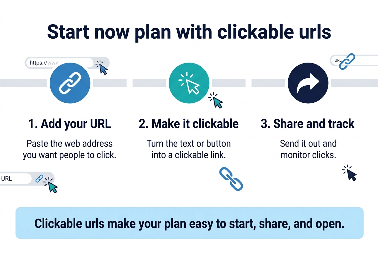 Create a full-bleed 3:2 infographic with a clean modern business style, white background, blue and teal accents, dark navy text, and subtle light-gray separators. Place a bold headline across the top center in large sans-serif font: "Start now plan with clickable urls".
Below the headline, arrange three wide horizontal sections across the middle of the canvas in a 3-column layout, each with a numbered circle icon and a simple visual symbol.
Left section: a blue circular icon with a chain-link symbol, followed by the title text "1. Add your URL" and smaller text underneath: "Paste the web address you want people to click."
Center section: a teal circular icon with a cursor-click symbol, followed by the title text "2. Make it clickable" and smaller text underneath: "Turn the text or button into a clickable link."
Right section: a navy circular icon with a share arrow symbol, followed by the title text "3. Share and track" and smaller text underneath: "Send it out and monitor clicks."
At the bottom, add a full-width light-blue callout bar with bold text: "Clickable urls make your plan easy to start, share, and open." Include small decorative URL bar graphics, link icons, and cursor pointers near each section. Use clear hierarchy, balanced spacing, and professional infographic layout.