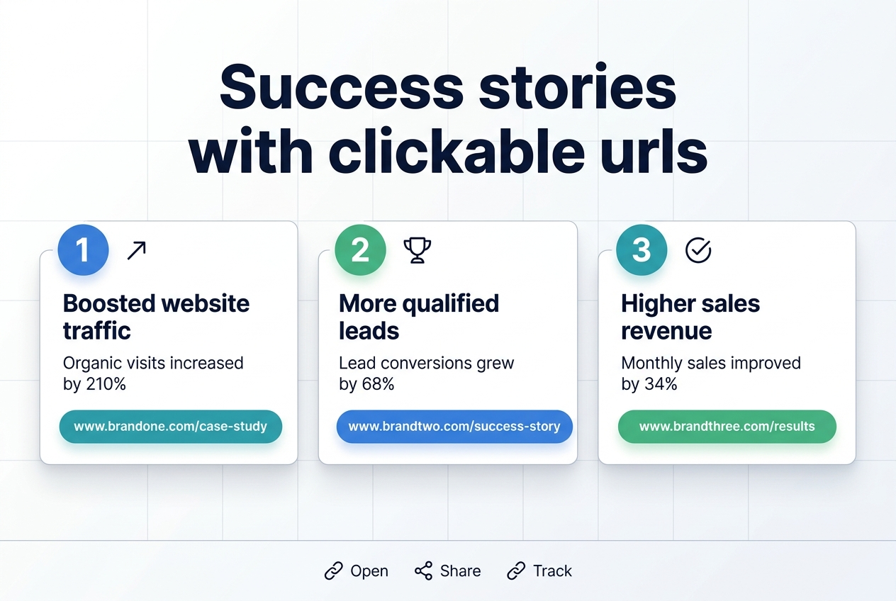 Create a clean full-bleed infographic illustration in 3:2 aspect ratio, wide horizontal layout, professional modern style, white background with blue, teal, and green accents, subtle light-gray grid and soft shadows, sans-serif font.
Top center: bold large headline text in dark navy: "Success stories with clickable urls"
Below the headline, organize three wide horizontal story cards across the page in a 3-column layout, each card with a numbered circle icon on the left, a small success symbol, a short headline, a one-line result, and a prominent rounded URL button.
Left card:
Blue circular number icon "1"
Small upward arrow icon
Headline text: "Boosted website traffic"
Body text: "Organic visits increased by 210%"
Rounded clickable URL button in teal with white text: "www.brandone.com/case-study"
Center card:
Green circular number icon "2"
Small trophy icon
Headline text: "More qualified leads"
Body text: "Lead conversions grew by 68%"
Rounded clickable URL button in blue with white text: "www.brandtwo.com/success-story"
Right card:
Teal circular number icon "3"
Small checkmark icon
Headline text: "Higher sales revenue"
Body text: "Monthly sales improved by 34%"
Rounded clickable URL button in green with white text: "www.brandthree.com/results"
Add a thin bottom strip spanning the width with three small link icons and short labels in dark gray: "Open", "Share", "Track"
Use strong visual hierarchy, clear spacing, aligned sections, and crisp infographic styling.