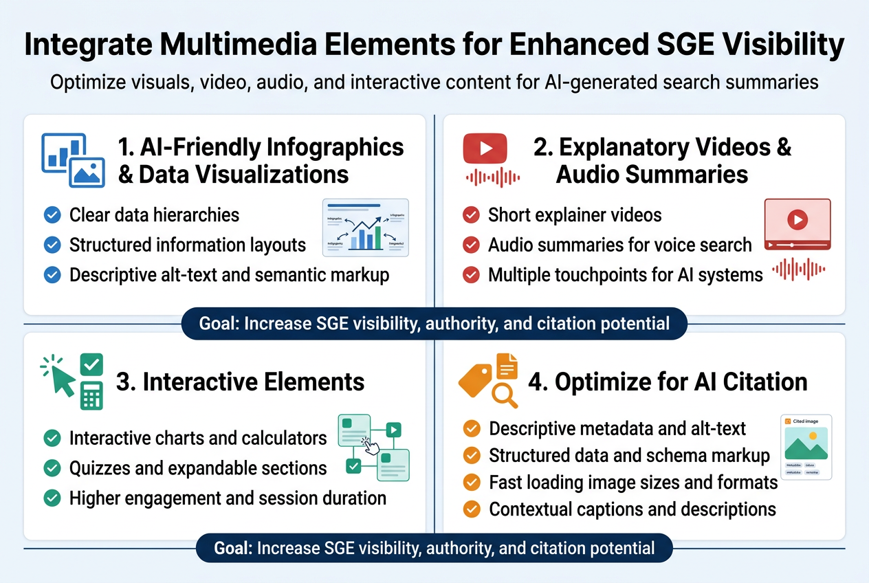 Full-bleed 3:2 infographic illustration, clean modern professional style, white background with blue, teal, green, and orange accent colors, bold sans-serif typography, strong visual hierarchy, wide horizontal layout with four large content blocks arranged in a 2x2 grid beneath a top header.
Top center large bold title text: "Integrate Multimedia Elements for Enhanced SGE Visibility"
Under the title, a short subtitle line in smaller text: "Optimize visuals, video, audio, and interactive content for AI-generated search summaries"
Section 1, top left block with a blue icon of a bar chart and image frame: heading text "1. AI-Friendly Infographics & Data Visualizations"
Include three bullet points with small check icons:
"Clear data hierarchies"
"Structured information layouts"
"Descriptive alt-text and semantic markup"
Add a small visual of an infographic chart with labels and arrows.
Section 2, top right block with a red icon of a play button and audio waveform: heading text "2. Explanatory Videos & Audio Summaries"
Include three bullet points with small check icons:
"Short explainer videos"
"Audio summaries for voice search"
"Multiple touchpoints for AI systems"
Add a small visual of a video frame and sound waves.
Section 3, bottom left block with a green icon of an interactive cursor, quiz checkmark, and calculator: heading text "3. Interactive Elements"
Include three bullet points with small check icons:
"Interactive charts and calculators"
"Quizzes and expandable sections"
"Higher engagement and session duration"
Add a small visual of connected clickable UI cards.
Section 4, bottom right block with an orange icon of a tag, metadata file, and magnifying glass: heading text "4. Optimize for AI Citation"
Include four bullet points with small check icons:
"Descriptive metadata and alt-text"
"Structured data and schema markup"
"Fast loading image sizes and formats"
"Contextual captions and descriptions"
Add a small visual of a cited image card with metadata labels.
Center or lower center thin horizontal callout banner in dark blue with white text: "Goal: Increase SGE visibility, authority, and citation potential"
Use clean spacing, aligned columns, subtle divider lines, simple flat vector icons, no clutter, no shadow-heavy effects, no centered vertical poster layout.