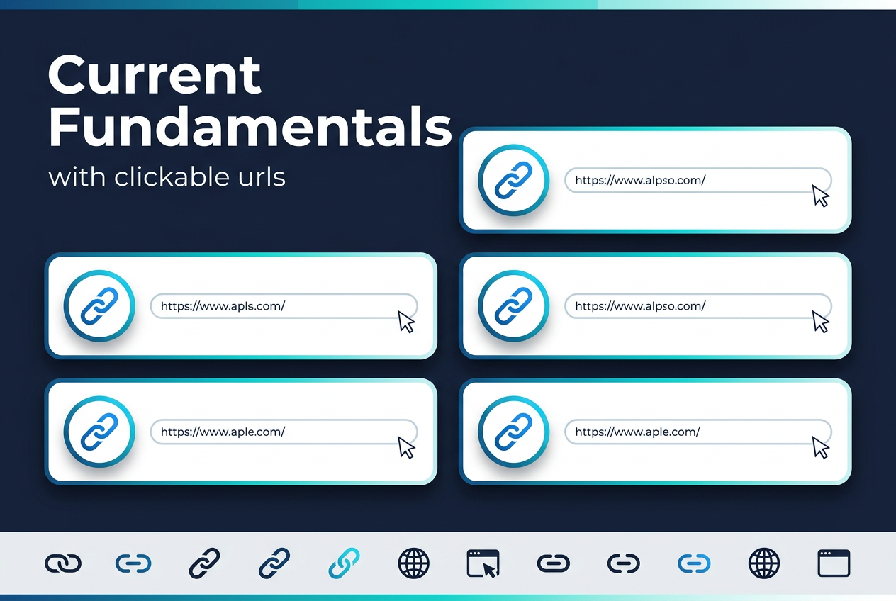 Create a clean professional infographic in a 3:2 aspect ratio, full-bleed edge-to-edge layout with no poster frame. Use a modern dark navy background with subtle gradient accents in teal, cyan, and white. Place a bold large heading at the top left reading "Current Fundamentals" in a crisp sans-serif font, with a smaller subtitle directly beneath it reading "with clickable urls". 

Arrange the main content in three wide horizontal cards across the center, using a multi-column layout. Each card should have a rounded rectangle shape, soft shadow, and a distinct clickable-link visual style: a blue chain-link icon inside a circle on the left side of each card, a thin URL bar graphic, and a small cursor pointer icon near the right edge. Keep the cards evenly spaced and aligned horizontally.

Add a bottom strip spanning the width of the image with a row of simplified web-link symbols and small globe/browser icons, styled as interactive elements. Use bright accent highlights on the link icons and card borders. Keep all typography clean, readable, and minimal. Include only the exact text: "Current Fundamentals" and "with clickable urls".