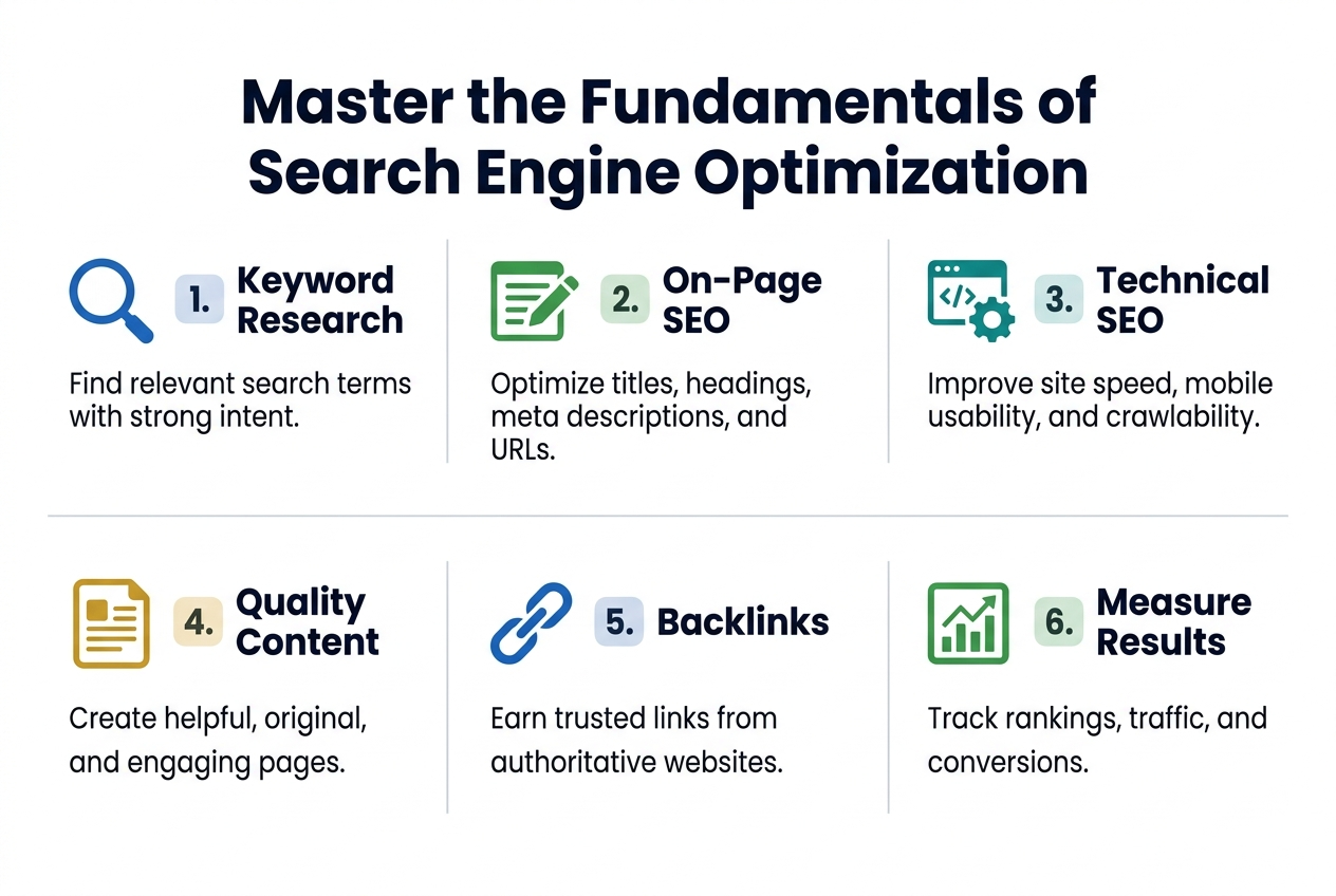Create a full-bleed 3:2 landscape infographic with a clean modern professional style, white background, deep blue and green accents, subtle light gray divider lines, and bold sans-serif typography.

Top center: large bold heading in dark navy text, exact wording: "Master the Fundamentals of Search Engine Optimization"

Below the heading, organize the content into 6 wide horizontal sections arranged in a 2-row by 3-column grid across the page, with generous spacing and clear visual hierarchy.

Section 1, top left: a blue magnifying glass icon. Title text: "1. Keyword Research" in bold. Small body text: "Find relevant search terms with strong intent."

Section 2, top center: a green page-and-pencil icon. Title text: "2. On-Page SEO" in bold. Small body text: "Optimize titles, headings, meta descriptions, and URLs."

Section 3, top right: a teal gear-and-code icon. Title text: "3. Technical SEO" in bold. Small body text: "Improve site speed, mobile usability, and crawlability."

Section 4, bottom left: a gold content-document icon. Title text: "4. Quality Content" in bold. Small body text: "Create helpful, original, and engaging pages."

Section 5, bottom center: a blue link-chain icon. Title text: "5. Backlinks" in bold. Small body text: "Earn trusted links from authoritative websites."

Section 6, bottom right: a green analytics chart icon. Title text: "6. Measure Results" in bold. Small body text: "Track rankings, traffic, and conversions."

Use consistent icon style, rounded shapes, clear spacing, and simple numbered badges beside each section title. Keep all text crisp and legible, with dark gray body text and bold colored section headers. No frame, no border, no extra text.