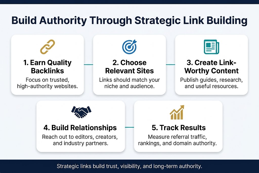 Aspect ratio 3:2, full-bleed professional infographic on a clean light background with deep navy, teal, and gold accents. Bold large heading across the top: "Build Authority Through Strategic Link Building". Wide horizontal layout with 5 numbered sections arranged in a clean 2-row grid, each in a rounded white card with subtle shadow, connected by thin teal lines.

Section 1 on the left: a gold chain-link icon and the title "1. Earn Quality Backlinks" with body text: "Focus on trusted, high-authority websites."
Section 2 next to it: a blue target icon and the title "2. Choose Relevant Sites" with body text: "Links should match your niche and audience."
Section 3 on the right: a teal content/document icon and the title "3. Create Link-Worthy Content" with body text: "Publish guides, research, and useful resources."

Bottom row, left: a navy handshake icon and the title "4. Build Relationships" with body text: "Reach out to editors, creators, and industry partners."
Bottom row, right: an upward graph icon in gold and the title "5. Track Results" with body text: "Measure referral traffic, rankings, and domain authority."

Add a small footer strip in dark navy with white text: "Strategic links build trust, visibility, and long-term authority." Use modern sans-serif fonts, clear hierarchy, bold section numbers, crisp vector style, balanced spacing, and no extra decorative text.
