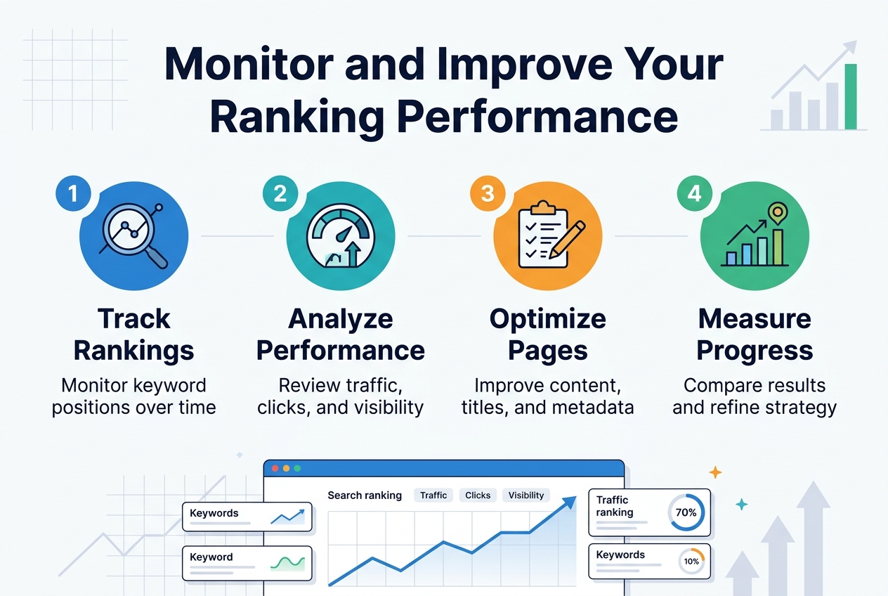 Full-bleed professional infographic in 3:2 aspect ratio, clean modern flat vector style, white background with blue, teal, and orange accents, dark navy typography, subtle grid and chart elements.

Top center bold heading in large sans-serif text: "Monitor and Improve Your Ranking Performance"

Below the heading, a wide horizontal 4-step layout with four evenly spaced blocks across the page, each with a numbered circle, a clear icon, a short label, and a brief sublabel:

1. Left block: blue circular icon with a magnifying glass over a line chart, text: "Track Rankings" and smaller text: "Monitor keyword positions over time"
2. Second block: teal circular icon with a dashboard gauge and upward arrow, text: "Analyze Performance" and smaller text: "Review traffic, clicks, and visibility"
3. Third block: orange circular icon with a checklist and pencil, text: "Optimize Pages" and smaller text: "Improve content, titles, and metadata"
4. Right block: green circular icon with an upward trending bar chart and target marker, text: "Measure Progress" and smaller text: "Compare results and refine strategy"

Add a wide bottom band with a simplified dashboard illustration spanning the width: search ranking chart line rising left to right, small keyword cards, percentage indicators, and subtle arrows pointing upward. Include small labels on the dashboard: "Ranking", "Traffic", "Clicks", "Visibility".

Use strong visual hierarchy, bold section labels, clean spacing, crisp iconography, balanced horizontal composition, and no inset frame.