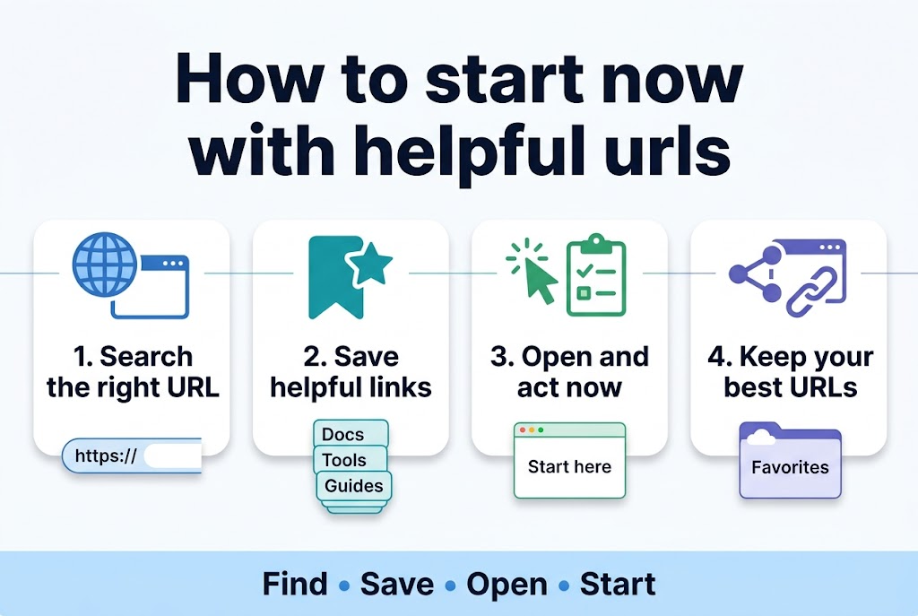 Full-bleed landscape infographic, aspect ratio 3:2, clean modern professional style, white background with blue and teal accents, bold sans-serif typography.

Top center: large bold heading in dark navy text: "How to start now with helpful urls"

Below the heading, across the width in four evenly spaced horizontal sections with clear icons and numbered labels:

Section 1 on the left: blue globe and browser-window icon, label text: "1. Search the right URL"
Small URL bar graphic beneath with text: "https://"

Section 2 left-center: teal bookmark and star icon, label text: "2. Save helpful links"
Small stacked link cards with visible text: "Docs", "Tools", "Guides"

Section 3 right-center: green cursor-click and checklist icon, label text: "3. Open and act now"
Small browser card with text: "Start here"

Section 4 on the right: purple share and chain-link icon, label text: "4. Keep your best URLs"
Small folder or cloud panel with text: "Favorites"

Bottom band across the full width with a simple callout strip in light blue: "Find • Save • Open • Start"

Use clear visual hierarchy, wide layout, evenly spaced blocks, thin divider lines, subtle drop shadows, rounded cards, no inset frame, no vertical poster stack.