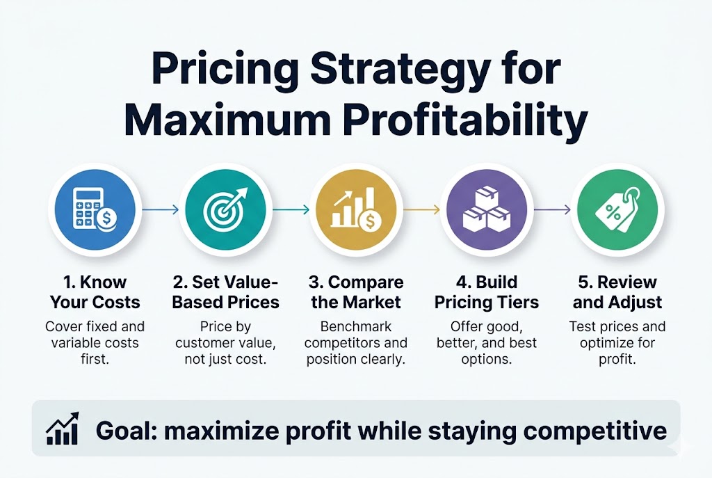 Full-bleed professional infographic illustration in a 3:2 aspect ratio, clean modern business style, white background with deep navy, teal, gold, and light gray accents, bold sans-serif typography.
Top center: large bold heading in dark navy text, exact text: "Pricing Strategy for Maximum Profitability"
Below the heading, a wide horizontal 5-step layout across the page with evenly spaced numbered blocks, each block containing a colored circular icon above a short title and one-line support text. Use thin connecting lines or arrows between the blocks to show progression.
1) Left block: blue circle icon with a calculator and coin symbols. Title text: "1. Know Your Costs" Support text: "Cover fixed and variable costs first."
2) Second block: teal circle icon with a target and upward arrow. Title text: "2. Set Value-Based Prices" Support text: "Price by customer value, not just cost."
3) Center block: gold circle icon with a bar chart and dollar sign. Title text: "3. Compare the Market" Support text: "Benchmark competitors and position clearly."
4) Fourth block: purple circle icon with three stacked package tiers. Title text: "4. Build Pricing Tiers" Support text: "Offer good, better, and best options."
5) Right block: green circle icon with a tag and percent symbol. Title text: "5. Review and Adjust" Support text: "Test prices and optimize for profit."
Bottom band spanning the width of the page: a highlighted summary strip with a small upward graph icon on the left and bold text: "Goal: maximize profit while staying competitive"
Use clean alignment, generous spacing, subtle shadows, crisp vector infographic style, no border frame, no extra text.