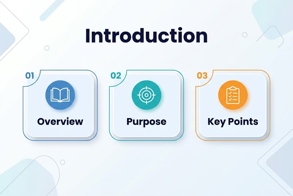 Full-bleed clean professional infographic in 3:2 aspect ratio, wide horizontal layout with no inset frame, modern corporate style, light background with subtle abstract geometric accents in pale blue and gray.
Top center: large bold heading text in dark navy, exact text: "Introduction".
Below the heading, arrange three equal horizontal sections across the middle of the canvas, evenly spaced left to right, each in a soft rounded rectangle with a thin blue outline and light shadow.
Left section: a blue circular icon with an open book, label beneath in bold dark navy text: "Overview".
Center section: a teal circular icon with a target symbol, label beneath in bold dark navy text: "Purpose".
Right section: an orange circular icon with a checklist, label beneath in bold dark navy text: "Key Points".
Add small numbered markers near the top-left of each section: "01", "02", "03" in matching accent colors.
Use a clear visual hierarchy, sans-serif font, ample whitespace, balanced spacing, crisp vector style, subtle gradient accents, and professional infographic composition.