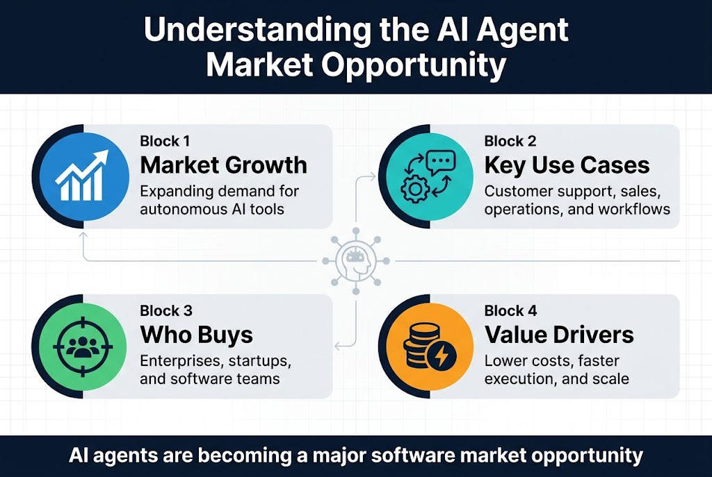 Create a full-bleed professional infographic in a 3:2 aspect ratio with a clean modern tech aesthetic, dark navy and white background, teal, blue, and green accents, subtle grid texture, and bold sans-serif typography.
Top center: large bold heading in white text, "Understanding the AI Agent Market Opportunity"
Below the title, arrange four wide horizontal content blocks in a 2x2 grid across the canvas, with clear spacing and strong visual hierarchy.
Block 1, top left: a blue circular icon of a rising chart and arrow, with the label in bold text, "Market Growth", and smaller supporting text, "Expanding demand for autonomous AI tools"
Block 2, top right: a teal circular icon of linked gears and chat bubbles, with the label in bold text, "Key Use Cases", and smaller supporting text, "Customer support, sales, operations, and workflows"
Block 3, bottom left: a green circular icon of a target with user silhouettes, with the label in bold text, "Who Buys", and smaller supporting text, "Enterprises, startups, and software teams"
Block 4, bottom right: an orange circular icon of stacked coins and a lightning bolt, with the label in bold text, "Value Drivers", and smaller supporting text, "Lower costs, faster execution, and scale"
Add a thin connecting line or subtle flow arrows linking the four blocks to a central faint hub icon of an AI agent head or node network in the middle of the layout.
Include a short bottom banner spanning the width with bold text, "AI agents are becoming a major software market opportunity"
Use crisp iconography, balanced spacing, strong contrast, and a polished editorial infographic style.