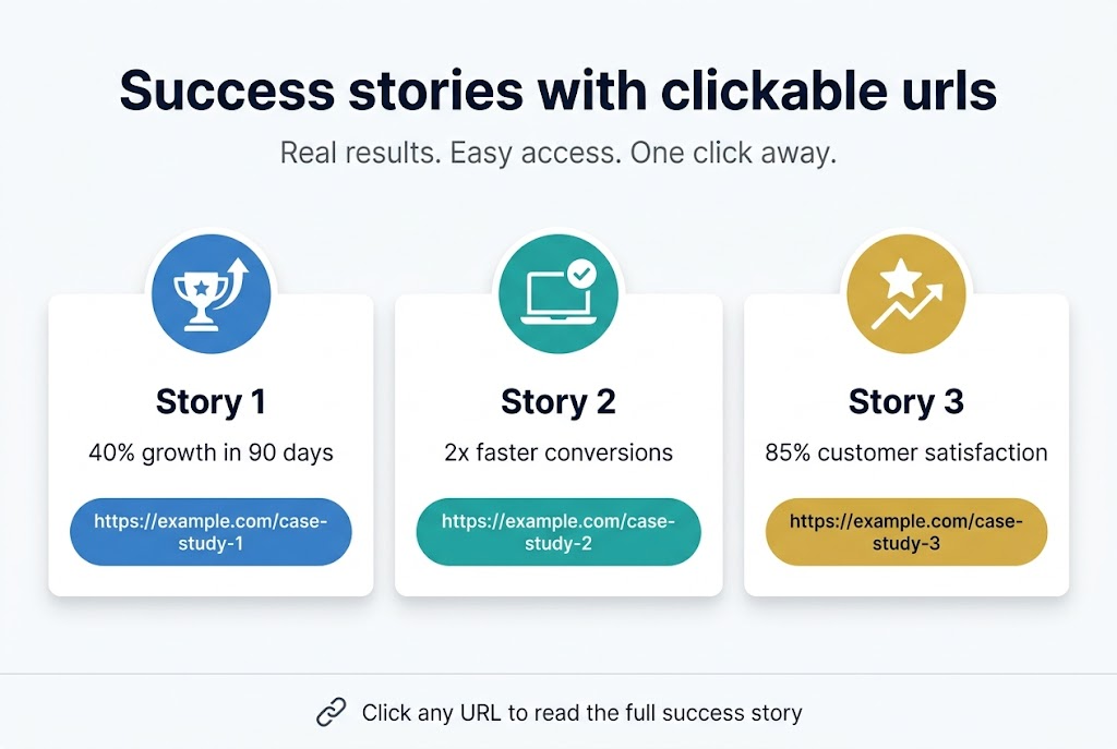 Create a full-bleed 3:2 infographic on a clean white background with blue, teal, and gold accents, modern sans-serif typography, and a professional tech-marketing style. Place a bold headline across the top center in large dark navy text: "Success stories with clickable urls". Under the headline, place a short subtitle in smaller gray text: "Real results. Easy access. One click away."
Below the header, arrange three wide horizontal success-story cards in a 3-column layout across the page, each with a colored icon, a short title, a brief outcome line, and a visible clickable URL button.
Left card: a blue circle icon with a trophy and upward arrow, title text "Story 1", outcome text "40% growth in 90 days", and a rounded blue button with white text "https://example.com/case-study-1".
Center card: a teal circle icon with a laptop and checkmark, title text "Story 2", outcome text "2x faster conversions", and a rounded teal button with white text "https://example.com/case-study-2".
Right card: a gold circle icon with a star and chart line, title text "Story 3", outcome text "85% customer satisfaction", and a rounded gold button with dark text "https://example.com/case-study-3".
At the bottom, add a thin horizontal footer bar with a small link icon on the left and the text "Click any URL to read the full success story" in dark gray. Use clean spacing, subtle drop shadows, and strong visual hierarchy.