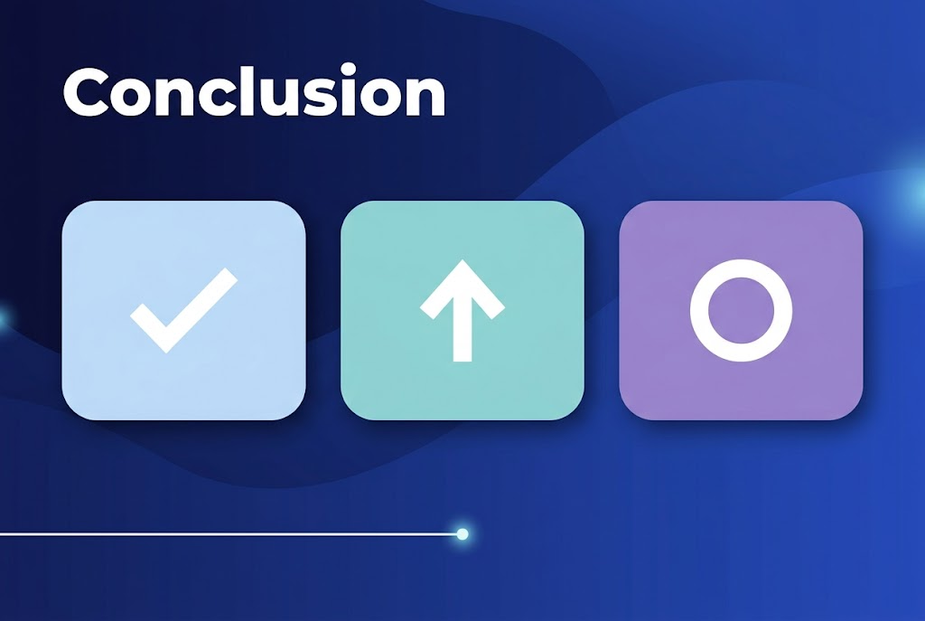 Aspect ratio 3:2, full-bleed professional infographic slide with a modern clean layout. Deep navy-to-royal-blue gradient background with subtle abstract wave shapes and soft light accents.
Top left: a large bold white heading in a clean sans-serif font, exact text: "Conclusion".
Across the middle, arrange three wide horizontal conclusion panels in a 3-column layout, evenly spaced from left to right, with rounded corners and subtle drop shadows:
- Left panel: a pale blue rounded rectangle with a large white checkmark icon centered
- Center panel: a pale teal rounded rectangle with a large white upward arrow icon centered
- Right panel: a pale purple rounded rectangle with a large white closing circle icon centered
Bottom left: a thin white accent line extending horizontally toward the center, with a small glowing dot at the end.
Use strong visual hierarchy, ample open space, crisp edges, and high contrast. Minimal corporate infographic style, polished vector illustration, no extra text anywhere else.