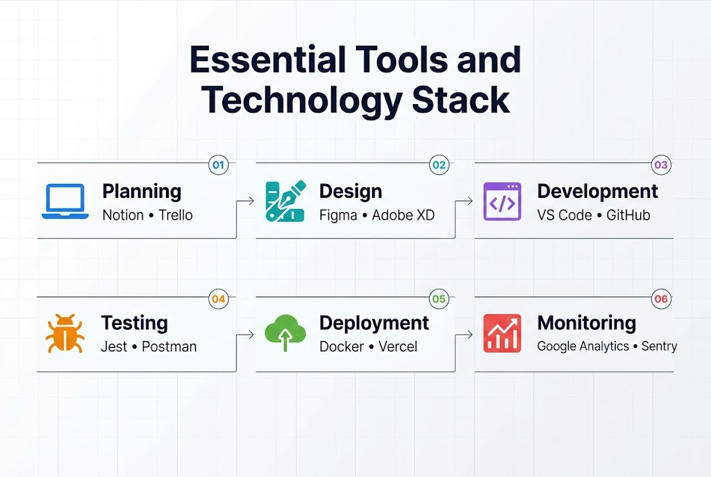 3:2 landscape infographic, full-bleed white background with subtle light gray grid accents, modern clean corporate style. Large bold heading centered at the top in dark navy text: "Essential Tools and Technology Stack". Below the heading, arrange six wide horizontal sections in a 2-row by 3-column grid across the canvas, with ample spacing and clear visual hierarchy.
Section 1 at upper left: a blue laptop icon and the label "Planning" in bold, with smaller text beneath: "Notion • Trello".
Section 2 at upper center: a teal design pen and color palette icon and the label "Design" in bold, with smaller text beneath: "Figma • Adobe XD".
Section 3 at upper right: a purple code bracket icon and the label "Development" in bold, with smaller text beneath: "VS Code • GitHub".
Section 4 at lower left: an orange bug-check icon and the label "Testing" in bold, with smaller text beneath: "Jest • Postman".
Section 5 at lower center: a green cloud deployment icon and the label "Deployment" in bold, with smaller text beneath: "Docker • Vercel".
Section 6 at lower right: a red analytics chart icon and the label "Monitoring" in bold, with smaller text beneath: "Google Analytics • Sentry".
Use thin connecting lines or arrows between the sections in a subtle left-to-right flow. Add small numbered circles 01 through 06 beside each section title. Use a professional sans-serif font, dark gray body text, bold navy section titles, and accent colors matching each icon. Keep the layout balanced, spacious, and easy to scan, with no borders or poster frame.
