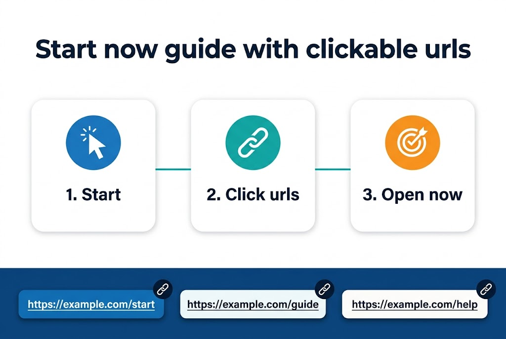 Full-bleed clean professional infographic, aspect ratio 3:2, wide horizontal layout, modern flat design, white background with deep blue, teal, and orange accents, sans-serif bold typography, high contrast, crisp vector style.
Top center: large bold heading in dark navy text: "Start now guide with clickable urls"
Below the heading, a wide horizontal 3-column layout with rounded rectangular cards connected by thin teal lines:
Left card: a blue circle icon with a cursor pointer, label text: "1. Start"
Center card: a teal circle icon with a chain link symbol, label text: "2. Click urls"
Right card: an orange circle icon with a target/check icon, label text: "3. Open now"
Bottom section spanning full width: a row of three large clickable URL buttons with subtle shadow, each styled like a web button with underlined white text:
Button 1 text: "https://example.com/start"
Button 2 text: "https://example.com/guide"
Button 3 text: "https://example.com/help"
Include small web-link icons next to each URL button, clean spacing, balanced composition, no poster frame, no inset margins.