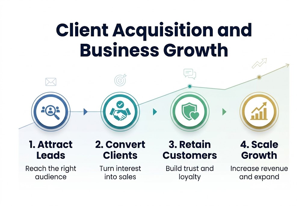 Create a clean professional infographic illustration in a 3:2 aspect ratio, full-bleed layout, wide horizontal composition, no frame, no inset margins. Use a modern business style with navy blue, teal, green, and light gray accents, white background, subtle gradients, crisp vector shapes, and sans-serif fonts.
Top center: bold large heading in dark navy text, exact words: "Client Acquisition and Business Growth"
Below the heading, arrange four wide horizontal sections across the canvas from left to right, connected by a thin upward growth line and small arrow markers:
1. Left section: a blue circular icon with a magnifying glass and small people silhouettes, title text: "1. Attract Leads", with short subtext beneath: "Reach the right audience"
2. Second section: a teal circular icon with a handshake and checkmark, title text: "2. Convert Clients", with short subtext beneath: "Turn interest into sales"
3. Third section: a green circular icon with a shield and heart, title text: "3. Retain Customers", with short subtext beneath: "Build trust and loyalty"
4. Right section: a gold circular icon with an upward bar chart and arrow, title text: "4. Scale Growth", with short subtext beneath: "Increase revenue and expand"
Behind the sections, place a subtle rising line graph that starts low on the left and ends high on the right, with small dot markers at each section. Add minimal decorative business icons in the background: small envelope, target, chat bubble, and growth arrow, all very faint and unobtrusive.
Use strong visual hierarchy: large heading at top, medium bold section titles, smaller subtext, aligned evenly in a clean multi-column layout. Keep all text sharp, legible, and centered within each section.