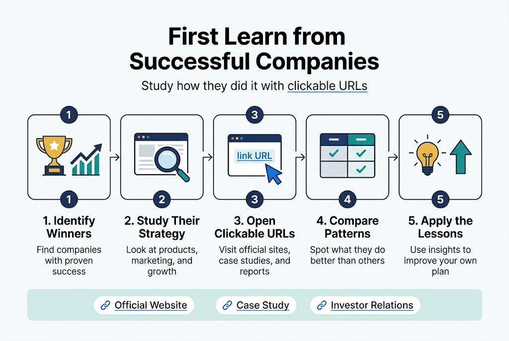 Full-bleed wide infographic illustration in 3:2 aspect ratio, clean professional corporate style, white background with navy, teal, and gold accents, modern sans-serif font.
Top center bold headline in large text: "First Learn from Successful Companies"
Smaller subtitle beneath: "Study how they did it with clickable URLs"
Use a wide horizontal 5-step layout across the page with connected blocks and icons, not a vertical poster.
Left to right sections with numbered circles and clear visual symbols:
1. A gold trophy icon and a rising line chart icon, label: "1. Identify Winners"
Small text below: "Find companies with proven success"
2. A magnifying glass over a webpage icon, label: "2. Study Their Strategy"
Small text below: "Look at products, marketing, and growth"
3. A browser window icon with a blue cursor pointer and highlighted link text, label: "3. Open Clickable URLs"
Small text below: "Visit official sites, case studies, and reports"
4. A comparison grid icon with two columns and checkmarks, label: "4. Compare Patterns"
Small text below: "Spot what they do better than others"
5. A lightbulb icon and upward arrow icon, label: "5. Apply the Lessons"
Small text below: "Use insights to improve your own plan"
Add a thin connecting arrow line through all five blocks from left to right.
Bottom section as a wide highlight bar with three small link-style chips and URL text:
"Official Website"
"Case Study"
"Investor Relations"
Include subtle clickable-link styling: blue underlined URL text in the browser icon section and in the bottom chips.
Use strong visual hierarchy, ample spacing, crisp flat-vector icons, and a polished infographic layout with no extra text beyond what is shown.