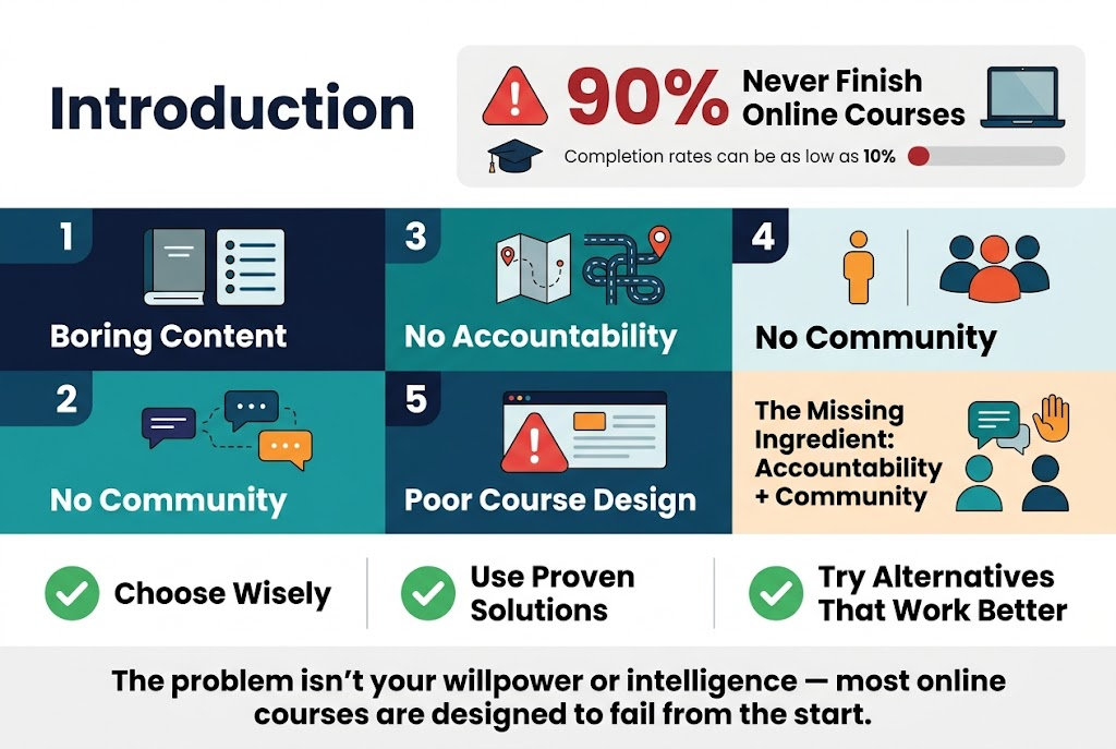 Create a clean, professional full-bleed infographic illustration in a 3:2 aspect ratio with a modern flat-design style, bold typography, and a wide horizontal layout using multiple sections across the canvas. Use a white background with deep navy, teal, orange, and red accent colors, with clear visual hierarchy and subtle gradients. Place a large bold heading at the top left that says "Introduction".
Across the top center/right, show a large statistic panel with a red warning icon and oversized number text: "90% Never Finish Online Courses" and smaller supporting text: "Completion rates can be as low as 10%". Include a small graduation cap icon, a laptop icon, and a progress bar that is mostly empty.
Below, divide the infographic into five wide numbered blocks running left to right or in a two-row grid, each with a distinct icon and short label:
1. "Boring Content" with a dull book or list icon.
2. "Lack of Structure" with a broken roadmap or tangled pathway icon.
3. "No Accountability" with a lone person icon separated from a group.
4. "No Community" with disconnected chat bubbles icon.
5. "Poor Course Design" with a warning triangle over a course page icon.
Include a mid-right highlight block with a bold callout: "The Missing Ingredient: Accountability + Community" next to an icon of two people connected by a speech bubble or hand-raise symbol.
Include a lower section with three solution blocks using green check icons:
"Choose Wisely"
"Use Proven Solutions"
"Try Alternatives That Work Better"
At the bottom, include a reassuring banner statement in bold: "The problem isn’t your willpower or intelligence — most online courses are designed to fail from the start." Use a confident, readable sans-serif font throughout, with the title larger than all other text and section labels in medium-bold text. Keep the layout spacious, balanced, and horizontally arranged, with clear icons, numbered markers, and concise text only. No borders or poster frame.