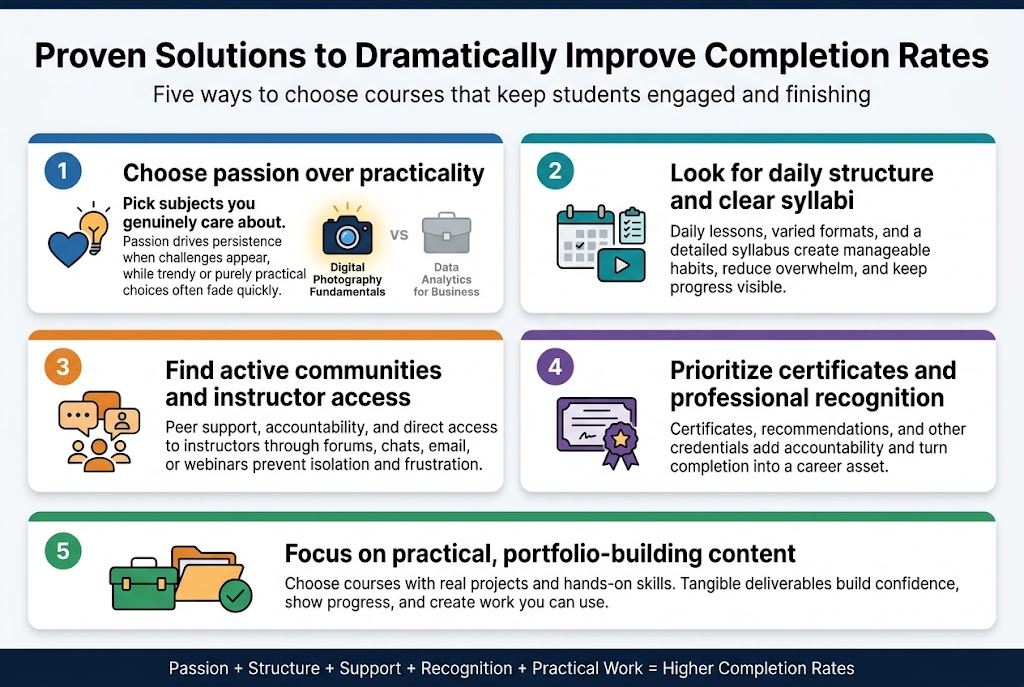 Create a full-bleed professional infographic in a 3:2 aspect ratio, with a modern clean flat design, white background, deep navy and teal accents, warm orange highlights, and crisp sans-serif typography.
Top header spanning full width:
Large bold title text: "Proven Solutions to Dramatically Improve Completion Rates"
Small subtitle beneath in medium weight: "Five ways to choose courses that keep students engaged and finishing"
Below the header, arrange 5 wide horizontal sections in a two-column grid with one full-width bottom section, using clear numbered badges, icons, and short body text. Use strong visual hierarchy, rounded white cards with subtle shadows, and colored section headers.
Section 1, upper left:
Blue circular badge with number "1"
Icon: a heart next to a lightbulb
Heading: "Choose passion over practicality"
Body text: "Pick subjects you genuinely care about. Passion drives persistence when challenges appear, while trendy or purely practical choices often fade quickly."
Small comparison visual: a glowing camera icon labeled "Digital Photography Fundamentals" beside a gray briefcase icon labeled "Data Analytics for Business"
Section 2, upper right:
Teal circular badge with number "2"
Icon: calendar, checklist, and play button
Heading: "Look for daily structure and clear syllabi"
Body text: "Daily lessons, varied formats, and a detailed syllabus create manageable habits, reduce overwhelm, and keep progress visible."
Section 3, middle left:
Orange circular badge with number "3"
Icon: group chat bubbles with a teacher icon
Heading: "Find active communities and instructor access"
Body text: "Peer support, accountability, and direct access to instructors through forums, chats, email, or webinars prevent isolation and frustration."
Section 4, middle right:
Purple circular badge with number "4"
Icon: certificate ribbon and star
Heading: "Prioritize certificates and professional recognition"
Body text: "Certificates, recommendations, and other credentials add accountability and turn completion into a career asset."
Section 5, bottom full-width:
Green circular badge with number "5"
Icon: toolbox, portfolio folder, and checkmark
Heading: "Focus on practical, portfolio-building content"
Body text: "Choose courses with real projects and hands-on skills. Tangible deliverables build confidence, show progress, and create work you can use."
Add a slim footer bar at the bottom with small text: "Passion + Structure + Support + Recognition + Practical Work = Higher Completion Rates"
Use bold section headings, short readable sentences, and simple icons aligned to the left of each heading. Keep layout spacious, balanced, and easy to scan. No borders around the entire image, no poster frame, no centered vertical stack.