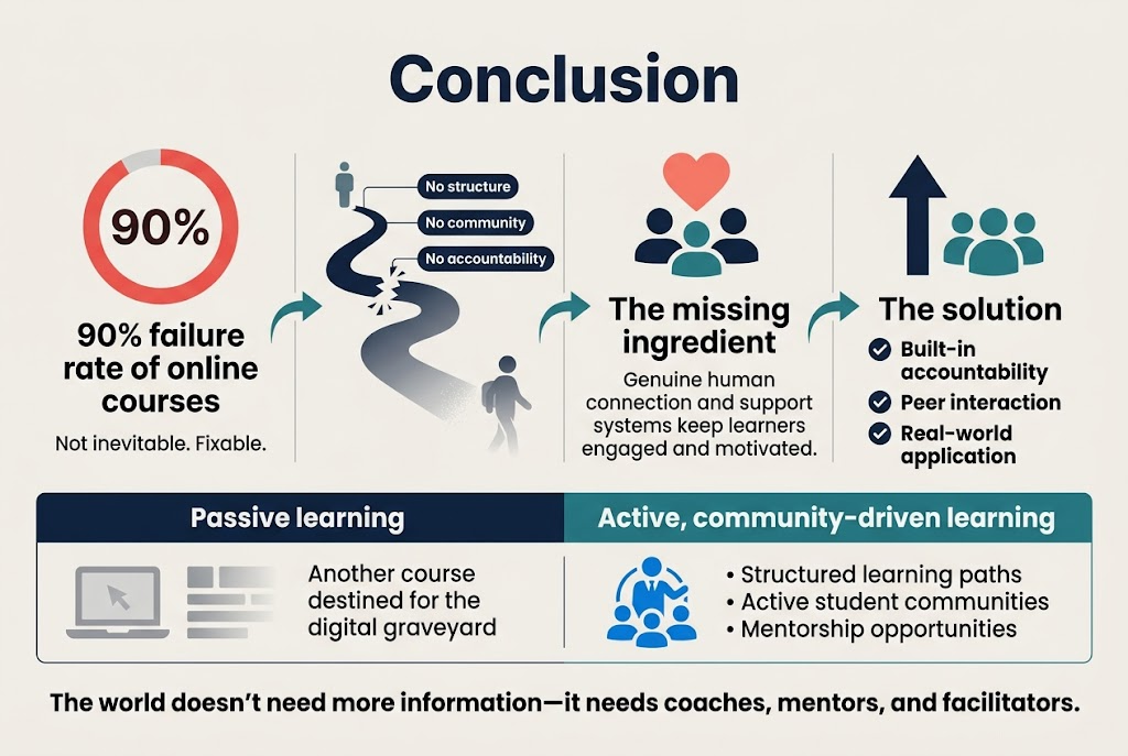 Aspect ratio 3:2, full-bleed clean professional infographic on a light neutral background with deep navy, teal, and coral accents, modern sans-serif fonts, strong visual hierarchy.
Top center: large bold title text, “Conclusion”.
Below the title, a wide horizontal 4-section layout across the page with connected flow arrows and simple flat icons.
Section 1 on the left: a large red warning circle icon with “90%” in bold inside it, and the text: “90% failure rate of online courses”. Small subtitle beneath: “Not inevitable. Fixable.”
Section 2 left-center: a broken pathway icon with three small labels beside it: “No structure”, “No community”, “No accountability”. Add a small fading student silhouette drifting away.
Section 3 right-center: a heart-and-people icon with the heading: “The missing ingredient” and body text: “Genuine human connection and support systems keep learners engaged and motivated.”
Section 4 on the right: a strong upward arrow and group icon with the heading: “The solution” and three bold bullet points with checkmark icons:
“Built-in accountability”
“Peer interaction”
“Real-world application”
Bottom band spanning the width: a split comparison strip with two columns.
Left column title: “Passive learning” with a muted gray icon of a laptop and fading content blocks, and the text: “Another course destined for the digital graveyard”.
Right column title: “Active, community-driven learning” with a vibrant blue icon of a mentor surrounded by learners, and the text: “Structured learning paths • Active student communities • Mentorship opportunities”.
Bottom center closing statement in bold navy text:
“The world doesn’t need more information—it needs coaches, mentors, and facilitators.”
Use clear spacing, aligned blocks, minimal clutter, crisp vector-style icons, subtle shadows, and strong contrast. No vertical poster layout; use a wide horizontal composition with balanced columns and sections.