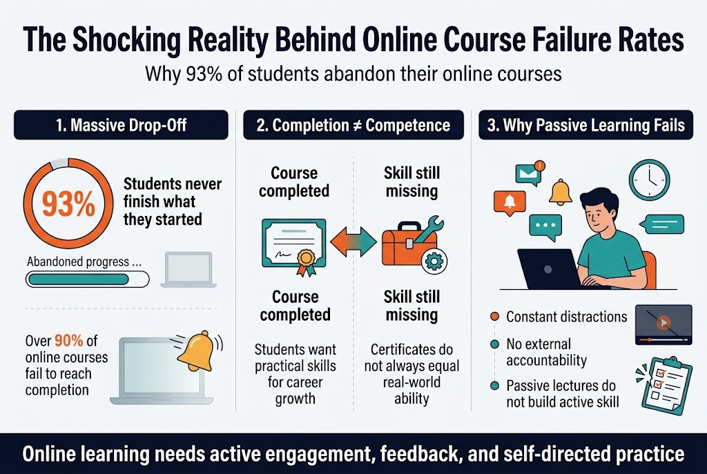 Create a clean, professional full-bleed infographic in a 3:2 aspect ratio with a modern editorial style, white background, dark navy text, teal and orange accent colors, and bold sans-serif typography. Use a wide horizontal layout with three main sections across the canvas, not a narrow vertical stack.
Top header spanning the full width:
Large bold title text: "The Shocking Reality Behind Online Course Failure Rates"
Smaller subtitle beneath: "Why 93% of students abandon their online courses"
Section 1 on the left, titled in a dark navy header bar: "1. Massive Drop-Off"
Show a large circular statistic badge with "93%" in bold orange, and nearby text: "Students never finish what they started"
Add a smaller stat callout below: "Over 90% of online courses fail to reach completion"
Include icons: an abandoned progress bar, a faded laptop screen, and a notification bell with motion lines.
Section 2 in the center, titled: "2. Completion ≠ Competence"
Show a split visual with a certificate icon on one side and a toolbox / skill icon on the other.
Include the text:
"Course completed"
"Skill still missing"
"Students want practical skills for career growth"
"Certificates do not always equal real-world ability"
Use a contrasting orange-to-teal arrow between the two sides.
Section 3 on the right, titled: "3. Why Passive Learning Fails"
Show a student at a laptop surrounded by floating notification icons, a chat bubble, and a clock.
Include three short bullet lines with small round markers:
"Constant distractions"
"No external accountability"
"Passive lectures do not build active skill"
Add a small visual of a dimmed lecture video window and a broken checklist.
Bottom footer band across the full width with a strong concluding statement in bold:
"Online learning needs active engagement, feedback, and self-directed practice"
Use subtle grid lines, clean iconography, and balanced spacing. Keep all text crisp, legible, and exactly as written. No 3D mockups, no photo realism, no borders framing the whole poster.
