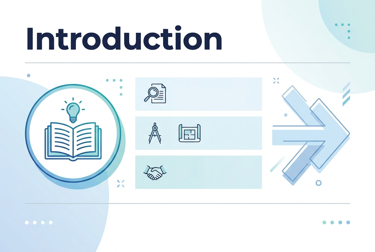 Create a clean professional infographic illustration in a 3:2 aspect ratio, full-bleed layout with no frame and no inset margins. Use a modern white background with soft blue and teal accents, subtle gradient shapes, and thin light-gray divider lines. Place a large bold heading at the top left that reads "Introduction" in a dark navy sans-serif font.
Arrange the composition in a wide horizontal layout:
- Left side: a large circular icon of an open book with a small lightbulb above it, in blue and teal line-art style.
- Center: three evenly spaced horizontal blocks or panels across the middle, each with a simple minimalist icon only, no text inside the blocks.
- Right side: a large abstract arrow or pathway graphic suggesting starting a journey, in light blue with subtle shadow.
Use clear visual hierarchy with the heading as the main focal point, and keep the rest of the design minimal, balanced, and spacious. Add small decorative dots and geometric accents for a polished infographic look. No additional text besides "Introduction".