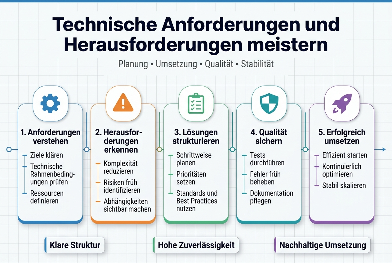 Create a full-bleed professional infographic in aspect ratio 3:2 with a clean modern corporate style, white background with blue and teal accents, subtle gray grid lines, sans-serif font, bold hierarchy, and wide horizontal layout.
Top header across the full width:
Large bold title in dark navy: "Technische Anforderungen und Herausforderungen meistern"
Small subtitle beneath in gray: "Planung • Umsetzung • Qualität • Stabilität"
Main content arranged in 5 horizontal sections across the center and lower area, each in a rounded rectangular block with a distinct icon and numbered label:
1. Left block with a blue gear icon:
Heading: "1. Anforderungen verstehen"
Bullet lines:
"Ziele klären"
"Technische Rahmenbedingungen prüfen"
"Ressourcen definieren"
2. Center-left block with an orange warning triangle icon:
Heading: "2. Herausforderungen erkennen"
Bullet lines:
"Komplexität reduzieren"
"Risiken früh identifizieren"
"Abhängigkeiten sichtbar machen"
3. Center block with a green checklist icon:
Heading: "3. Lösungen strukturieren"
Bullet lines:
"Schrittweise planen"
"Prioritäten setzen"
"Standards und Best Practices nutzen"
4. Center-right block with a teal shield icon:
Heading: "4. Qualität sichern"
Bullet lines:
"Tests durchführen"
"Fehler früh beheben"
"Dokumentation pflegen"
5. Right block with a purple rocket icon:
Heading: "5. Erfolgreich umsetzen"
Bullet lines:
"Effizient starten"
"Kontinuierlich optimieren"
"Stabil skalieren"
Add a thin connecting line with small circular nodes running left to right behind the five blocks, suggesting a workflow progression.
Bottom band across the full width with three compact metric-style callout boxes:
"Klare Struktur"
"Hohe Zuverlässigkeit"
"Nachhaltige Umsetzung"
Use strong visual hierarchy, generous spacing, crisp vector shapes, minimal shadows, and professional infographic styling.