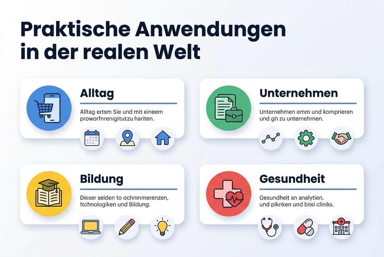 Create a clean, professional infographic in a full-bleed 3:2 landscape layout with a modern flat-vector style on a light white-to-soft-gray background with subtle blue accents. Place a bold, large headline at the top left in dark navy sans-serif text: "Praktische Anwendungen in der realen Welt".
Below the headline, arrange four wide horizontal section cards across the lower two-thirds of the canvas in a 2x2 grid, with clear spacing and strong visual hierarchy. Each card should have a colored circular icon on the left and a short bold label next to it. Use consistent icon style, rounded corners, and soft shadows.
Section 1, upper left card: a blue icon of a shopping cart and smartphone, label text: "Alltag". Add small supporting visual elements like a calendar, map pin, and home icon.
Section 2, upper right card: a green icon of stacked documents and a briefcase, label text: "Unternehmen". Add small supporting visual elements like a graph line, gear, and handshake icon.
Section 3, lower left card: a yellow icon of an open book and graduation cap, label text: "Bildung". Add small supporting visual elements like a laptop, pencil, and lightbulb icon.
Section 4, lower right card: a red icon of a medical cross and heartbeat line, label text: "Gesundheit". Add small supporting visual elements like a stethoscope, pill, and clinic icon.
Use dark charcoal body text, bold headings, blue-gray dividing lines, and clean sans-serif typography. Keep the composition wide and balanced, with clear empty space between cards and no poster frame or centered vertical stack.