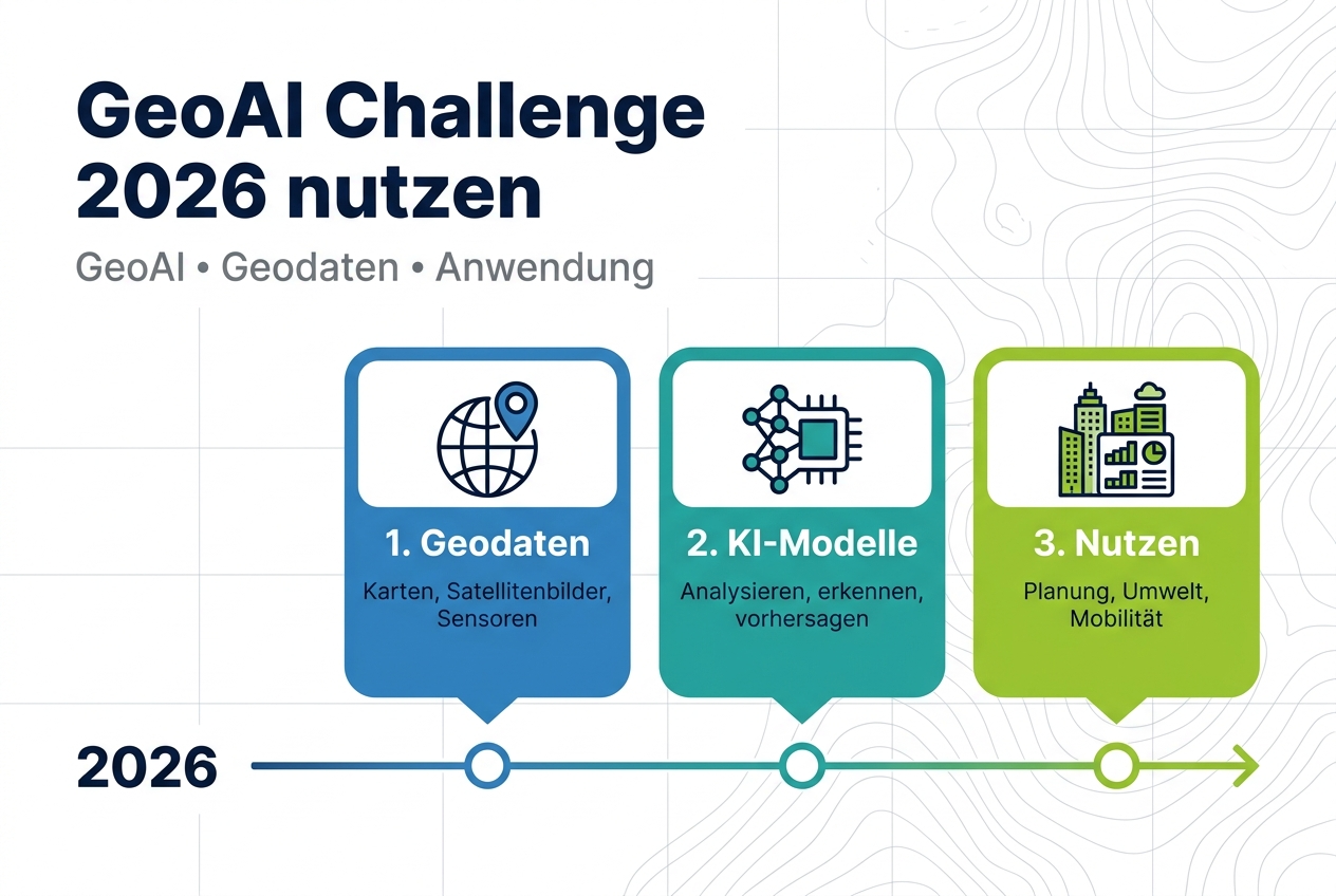 Full-bleed professional infographic illustration in 3:2 aspect ratio, modern clean flat vector style, white background with deep blue, teal, and lime accents, subtle map grid and contour line texture across the background.
Top left: large bold heading in dark navy sans-serif text: "GeoAI Challenge 2026 nutzen"
Under the heading, a smaller subtitle line in medium gray sans-serif text: "GeoAI • Geodaten • Anwendung"
Center and right side: a wide horizontal 3-section layout with rounded rectangular cards.
Left card: blue card with a globe-and-location-pin icon, title text: "1. Geodaten"
Small supporting text: "Karten, Satellitenbilder, Sensoren"
Middle card: teal card with a neural-network and chip icon, title text: "2. KI-Modelle"
Small supporting text: "Analysieren, erkennen, vorhersagen"
Right card: green card with a city-and-dashboard icon, title text: "3. Nutzen"
Small supporting text: "Planung, Umwelt, Mobilität"
Bottom across the width: a clean horizontal process arrow connecting the three cards, with small circular markers, and a short callout on the lower left in bold navy text: "2026"
Use crisp icon outlines, strong visual hierarchy, generous spacing, professional corporate infographic style, no frame, no border, no extra text.