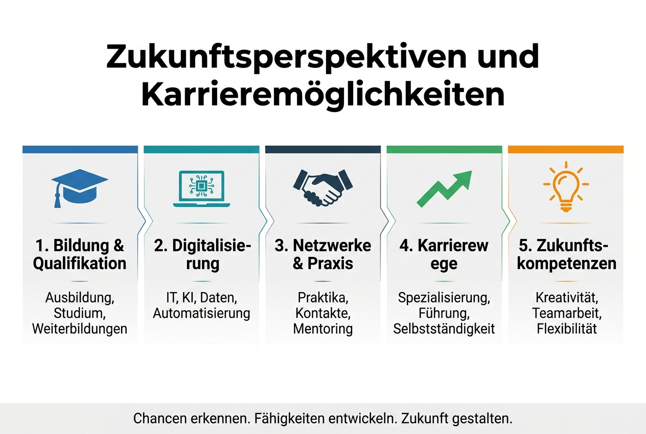 3:2 landscape infographic, full-bleed layout, clean professional design, modern sans-serif font, white background with blue, teal, and dark gray accents, bold top heading centered: "Zukunftsperspektiven und Karrieremöglichkeiten"
Below the heading, a wide horizontal 5-step layout with connected blocks or cards across the page, each with a clear icon, numbered label, and short text in German:
1. Left block with a graduation cap icon in blue, title: "1. Bildung & Qualifikation", subtext: "Ausbildung, Studium, Weiterbildungen"
2. Second block with a laptop and circuit icon in teal, title: "2. Digitalisierung", subtext: "IT, KI, Daten, Automatisierung"
3. Middle block with a handshake icon in dark blue, title: "3. Netzwerke & Praxis", subtext: "Praktika, Kontakte, Mentoring"
4. Fourth block with a growth arrow icon in green, title: "4. Karrierewege", subtext: "Spezialisierung, Führung, Selbstständigkeit"
5. Right block with a lightbulb icon in orange, title: "5. Zukunftskompetenzen", subtext: "Kreativität, Teamarbeit, Flexibilität"
Add a small bottom banner spanning the width with the text: "Chancen erkennen. Fähigkeiten entwickeln. Zukunft gestalten."
Use clear visual hierarchy, bold section titles, smaller supporting text, subtle dividers, balanced spacing, and wide horizontal composition with no inset frame.