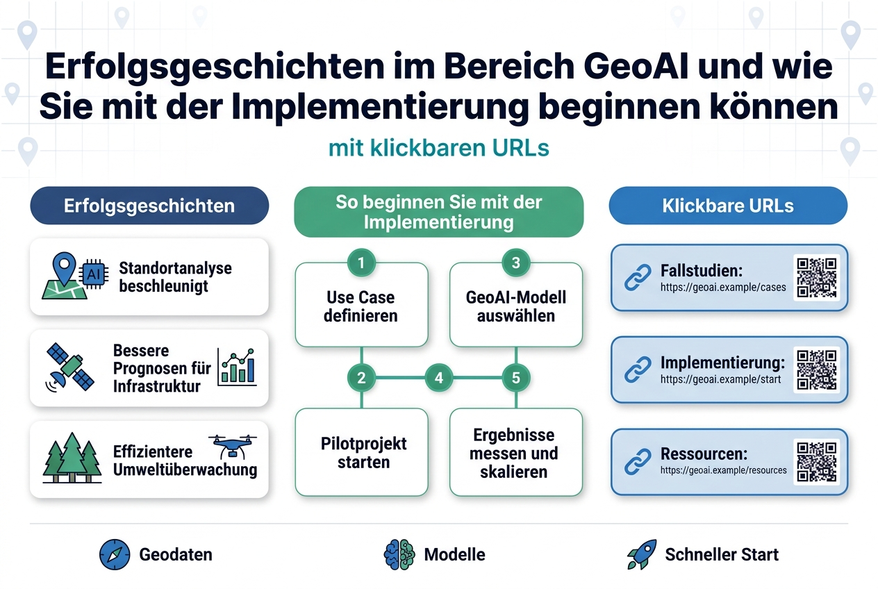 Full-bleed wide infographic, aspect ratio 3:2, clean professional modern vector style, white background with blue, teal, and green accents, subtle grid and map-pin pattern. Large bold headline at the top center in dark navy sans-serif: "Erfolgsgeschichten im Bereich GeoAI und wie Sie mit der Implementierung beginnen können". Under the headline, a smaller teal subtitle centered: "mit klickbaren URLs".
Below, a wide 3-column layout with clear section blocks and icons:
LEFT COLUMN: titled "Erfolgsgeschichten" in a dark blue rounded header bar. Show 3 stacked success-story cards with simple flat icons:
1. A map pin + AI chip icon with text: "Standortanalyse beschleunigt"
2. A satellite + analytics chart icon with text: "Bessere Prognosen für Infrastruktur"
3. A forest + drone icon with text: "Effizientere Umweltüberwachung"
CENTER COLUMN: titled "So beginnen Sie mit der Implementierung" in a green rounded header bar. Show a horizontal 5-step process with numbered circles and connecting line, each step in its own rounded box:
1. "Use Case definieren"
2. "Datenquellen prüfen"
3. "GeoAI-Modell auswählen"
4. "Pilotprojekt starten"
5. "Ergebnisse messen und skalieren"
RIGHT COLUMN: titled "Klickbare URLs" in a blue rounded header bar. Show 3 large button-style link blocks with chain-link icons and QR-code style squares beside each, each block containing exact text:
"Fallstudien: https://geoai.example/cases"
"Implementierung: https://geoai.example/start"
"Ressourcen: https://geoai.example/resources"
Bottom strip across the full width with three small icon callouts and short labels:
A compass icon with "Geodaten"
A neural-network icon with "Modelle"
A rocket icon with "Schneller Start"
Use bold hierarchy, ample spacing, crisp typography, aligned cards, subtle shadows, rounded corners, and clear visual separation between sections.