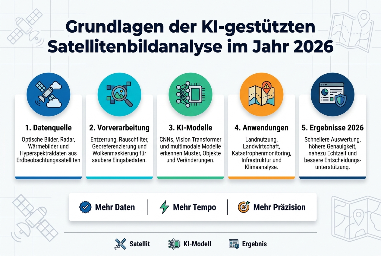 Aspect ratio 3:2, full-bleed clean professional infographic in German, modern flat vector style, white background with deep blue, cyan, green, and orange accents, subtle grid and satellite/map motif, bold sans-serif typography.
Top center large bold title in dark navy: "Grundlagen der KI-gestützten Satellitenbildanalyse im Jahr 2026"
Below title, a wide horizontal 5-step workflow arranged in five equal blocks across the page, each with a colored circular icon above a short heading and 1–2 lines of body text.
Block 1 on the far left with a satellite and cloud icon in blue:
Heading: "1. Datenquelle"
Body text: "Optische Bilder, Radar, Wärmebilder und Hyperspektraldaten aus Erdbeobachtungssatelliten."
Block 2 with a magnifying glass over image pixels icon in cyan:
Heading: "2. Vorverarbeitung"
Body text: "Entzerrung, Rauschfilter, Georeferenzierung und Wolkenmaskierung für saubere Eingabedaten."
Block 3 with a neural network and chip icon in green:
Heading: "3. KI-Modelle"
Body text: "CNNs, Vision Transformer und multimodale Modelle erkennen Muster, Objekte und Veränderungen."
Block 4 with a map and alert marker icon in orange:
Heading: "4. Anwendungen"
Body text: "Landnutzung, Landwirtschaft, Katastrophenmonitoring, Infrastruktur und Klimaanalyse."
Block 5 on the far right with a dashboard and shield icon in dark blue:
Heading: "5. Ergebnisse 2026"
Body text: "Schnellere Auswertung, höhere Genauigkeit, nahezu Echtzeit und bessere Entscheidungsunterstützung."
Lower center, a wide summary band with three compact statistic-style callouts separated by vertical dividers, each with a small icon:
Left callout with check icon: "Mehr Daten"
Middle callout with lightning icon: "Mehr Tempo"
Right callout with target icon: "Mehr Präzision"
Bottom area, a slim footer strip with three labeled mini-icons spaced horizontally:
"Satellit" "KI-Modell" "Ergebnis"
Use strong visual hierarchy, crisp spacing, clear section borders, subtle shadows, and balanced wide layout with no vertical poster composition.