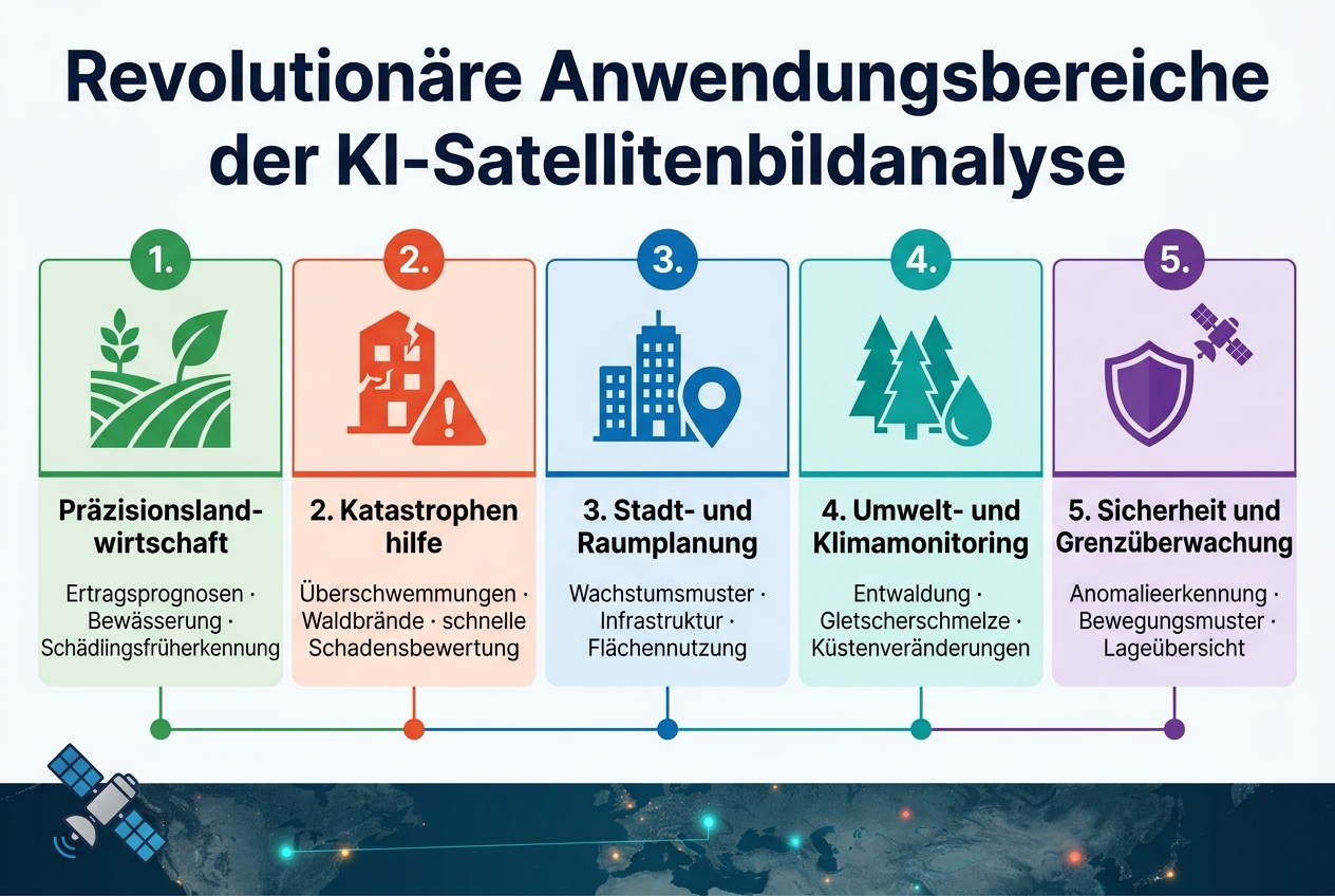 Aspect ratio 3:2, full-bleed professional infographic in German, clean modern flat vector style, white background with deep blue, teal, green, orange, and red accents, sans-serif font with bold hierarchy.
Top across full width: large bold title in dark navy text, exact text: "Revolutionäre Anwendungsbereiche der KI-Satellitenbildanalyse"
Below title, a wide 5-section horizontal grid with numbered blocks, each block with a colored circular number badge, a clear icon, a bold heading, and one short subtitle line.
1) Left block: green color theme, icon of a crop field and leaf, heading text: "1. Präzisionslandwirtschaft", subtitle text: "Ertragsprognosen · Bewässerung · Schädlingsfrüherkennung"
2) Second block: red/orange theme, icon of a damaged building and warning triangle, heading text: "2. Katastrophenhilfe", subtitle text: "Überschwemmungen · Waldbrände · schnelle Schadensbewertung"
3) Center block: blue theme, icon of city buildings and map pin, heading text: "3. Stadt- und Raumplanung", subtitle text: "Wachstumsmuster · Infrastruktur · Flächennutzung"
4) Fourth block: teal theme, icon of forest and water droplet, heading text: "4. Umwelt- und Klimamonitoring", subtitle text: "Entwaldung · Gletscherschmelze · Küstenveränderungen"
5) Right block: purple theme, icon of shield and satellite, heading text: "5. Sicherheit und Grenzüberwachung", subtitle text: "Anomalieerkennung · Bewegungsmuster · Lageübersicht"
Bottom wide band with a subtle satellite-scan map texture and a thin connecting line linking all five blocks, small decorative satellite icon at lower left and glowing data points across the band. Use balanced spacing, strong visual hierarchy, crisp alignment, no inset frame, no vertical poster layout.