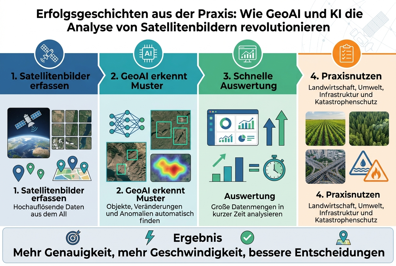 Full-bleed infographic illustration in aspect ratio 3:2, clean modern professional style, white background with deep blue, teal, and orange accent colors, bold sans-serif typography, strong visual hierarchy.
Top center: large bold heading in German, exact text: "Zukunftsperspektiven und gesellschaftliche Auswirkungen"
Below the heading, a wide horizontal 4-section layout across the page, each section in a rounded rectangle card with an icon, a short title, and 2–3 concise bullet points. Use clear spacing and balanced multi-column composition, not a vertical stack.
Section 1 on the left with a blue AI chip icon:
Title text: "1. Technologie"
Bullet text:
"Automatisierung"
"KI-gestützte Entscheidungen"
"Neue digitale Systeme"
Section 2 left-center with a green briefcase icon:
Title text: "2. Arbeitswelt"
Bullet text:
"Neue Berufsbilder"
"Umschulung und Weiterbildung"
"Flexible Arbeitsmodelle"
Section 3 right-center with an orange book icon:
Title text: "3. Bildung"
Bullet text:
"Lebenslanges Lernen"
"Digitale Kompetenzen"
"Chancengleichheit"
Section 4 on the right with a purple people-and-network icon:
Title text: "4. Gesellschaft"
Bullet text:
"Soziale Teilhabe"
"Ethische Verantwortung"
"Veränderte Lebensqualität"
Add a thin bottom band across the full width with three small circular highlight icons and short labels spaced evenly:
"Chancen"
"Herausforderungen"
"Zusammenhalt"
Use crisp flat vector shapes, subtle shadows, clean lines, and modern infographic styling. Keep all text sharp and legible. No extra text beyond the specified German wording.