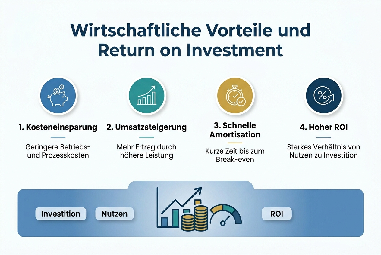 Create a clean, professional full-bleed infographic in aspect ratio 3:2 with a modern corporate style, white background with deep blue, teal, and gold accents, sans-serif font, strong visual hierarchy, wide horizontal layout, and no inset margins.
Top center: a bold large heading in dark blue text: "Wirtschaftliche Vorteile und Return on Investment"
Below the heading, arrange four evenly spaced horizontal content blocks across the middle of the canvas, each with a colored circular icon on the left, a bold subheading, and one short supporting line.
Block 1, left side: blue circular icon with a piggy bank and coin symbols, subheading: "1. Kosteneinsparung", supporting text: "Geringere Betriebs- und Prozesskosten"
Block 2, left-center: teal circular icon with an upward bar chart, subheading: "2. Umsatzsteigerung", supporting text: "Mehr Ertrag durch höhere Leistung"
Block 3, right-center: gold circular icon with a stopwatch and checkmark, subheading: "3. Schnelle Amortisation", supporting text: "Kurze Zeit bis zum Break-even"
Block 4, right side: dark blue circular icon with a percentage symbol and arrow, subheading: "4. Hoher ROI", supporting text: "Starkes Verhältnis von Nutzen zu Investition"
At the bottom, add a wide summary band spanning nearly the full width with a subtle blue gradient and a large central metric cluster: a rising line chart, stacked coins, and a simple ROI gauge. Include these three short labels in separate small rounded boxes:
"Investition"
"Nutzen"
"ROI"
Use clean line icons, balanced spacing, subtle shadows, and crisp typography. Keep all text in German.