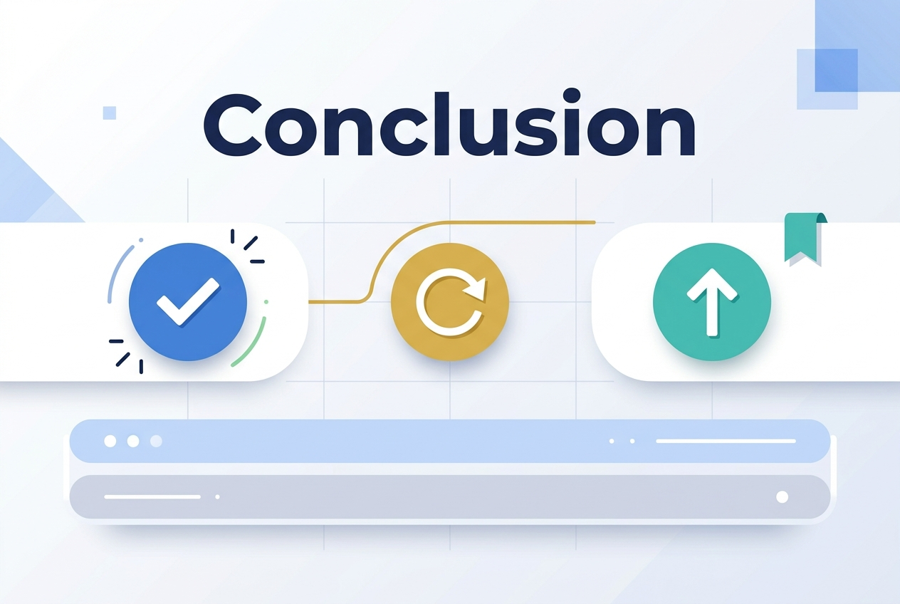 Create a full-bleed infographic illustration in a 3:2 aspect ratio with a clean, professional modern style. Use a soft white-to-light-gray background with subtle blue geometric accents and faint grid lines.
At the top center, place a large bold heading in a dark navy sans-serif font: "Conclusion".
Across the middle, design three wide horizontal sections in a balanced left-to-right layout:
- Left section: a blue circular icon with a white checkmark, surrounded by small abstract spark lines and a subtle green accent.
- Center section: a gold circular icon with a white closing-loop arrow and a thin connected line flowing from the left section into it.
- Right section: a teal circular icon with a white upward arrow and a small finishing ribbon accent.
Below the three sections, add a wide clean summary band made of layered rounded rectangles in pale blue and soft gray, with simple decorative dots and lines, no additional text.
Use strong visual hierarchy, crisp vector shapes, subtle shadows, and generous spacing. Keep the composition wide and horizontal, with no poster frame, no narrow centered stack, and no extra words besides "Conclusion".