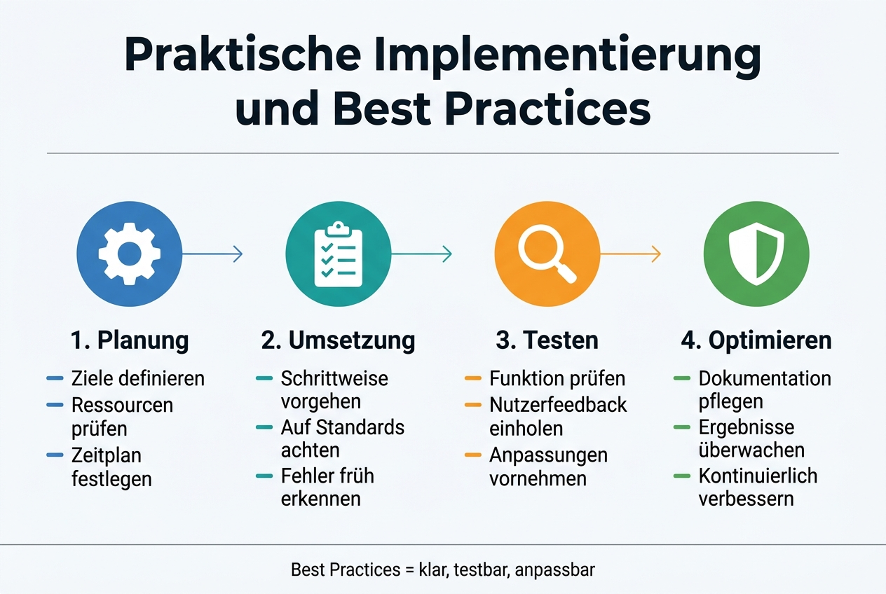 A full-bleed professional infographic in 3:2 aspect ratio with a clean modern flat design, white background with blue, teal, and dark gray accents. Large bold title at the top center in German: "Praktische Implementierung und Best Practices". Use a wide horizontal layout with four evenly spaced content blocks across the middle, each with a colored circular icon above a short text block.
Block 1 on the left: a blue gear icon and the heading "1. Planung" with three short bullet lines: "Ziele definieren", "Ressourcen prüfen", "Zeitplan festlegen".
Block 2 left-center: a teal checklist icon and the heading "2. Umsetzung" with three short bullet lines: "Schrittweise vorgehen", "Auf Standards achten", "Fehler früh erkennen".
Block 3 right-center: an orange test-tube or magnifying glass icon and the heading "3. Testen" with three short bullet lines: "Funktion prüfen", "Nutzerfeedback einholen", "Anpassungen vornehmen".
Block 4 on the right: a green shield icon and the heading "4. Optimieren" with three short bullet lines: "Dokumentation pflegen", "Ergebnisse überwachen", "Kontinuierlich verbessern".
Add a thin horizontal divider line below the title and subtle connecting arrows between the four blocks. Use a clean sans-serif font, strong hierarchy, generous spacing, crisp vector shapes, and balanced alignment. Include a small footer strip at the bottom with the text: "Best Practices = klar, testbar, anpassbar".
