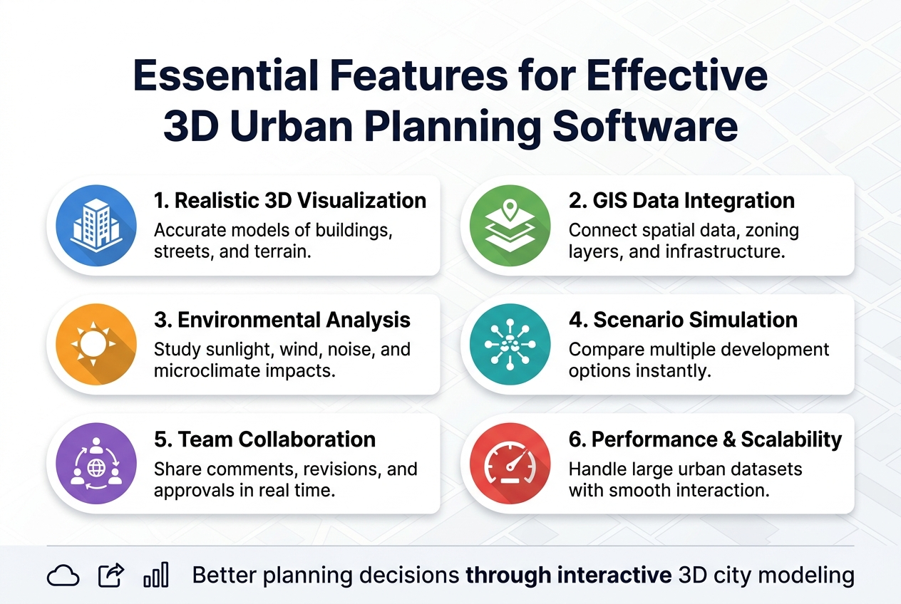 Full-bleed professional infographic illustration in a 3:2 aspect ratio, clean modern design, white background with deep blue, teal, and orange accents, sans-serif typography, crisp vector style, subtle city-grid pattern in the background.
Top center: large bold heading in dark navy text: "Essential Features for Effective 3D Urban Planning Software"
Below the heading, arrange six equal feature blocks in a wide 2-row by 3-column layout across the canvas, each block with a colored circular icon on the left, a numbered label, a short bold subheading, and one concise line of supporting text.
Block 1, top left: blue 3D building icon. Text: "1. Realistic 3D Visualization" and "Accurate models of buildings, streets, and terrain."
Block 2, top center: green layered map icon. Text: "2. GIS Data Integration" and "Connect spatial data, zoning layers, and infrastructure."
Block 3, top right: orange sun-and-shadow icon. Text: "3. Environmental Analysis" and "Study sunlight, wind, noise, and microclimate impacts."
Block 4, bottom left: teal network icon. Text: "4. Scenario Simulation" and "Compare multiple development options instantly."
Block 5, bottom center: purple collaboration icon with connected people. Text: "5. Team Collaboration" and "Share comments, revisions, and approvals in real time."
Block 6, bottom right: red speedometer icon. Text: "6. Performance & Scalability" and "Handle large urban datasets with smooth interaction."
Add a slim horizontal footer bar along the bottom with small icons for cloud, export, and analytics, plus the text in dark navy: "Better planning decisions through interactive 3D city modeling"
Use clear hierarchy: bold headings, smaller body text, consistent spacing, aligned blocks, subtle shadows, professional urban-planning aesthetic.