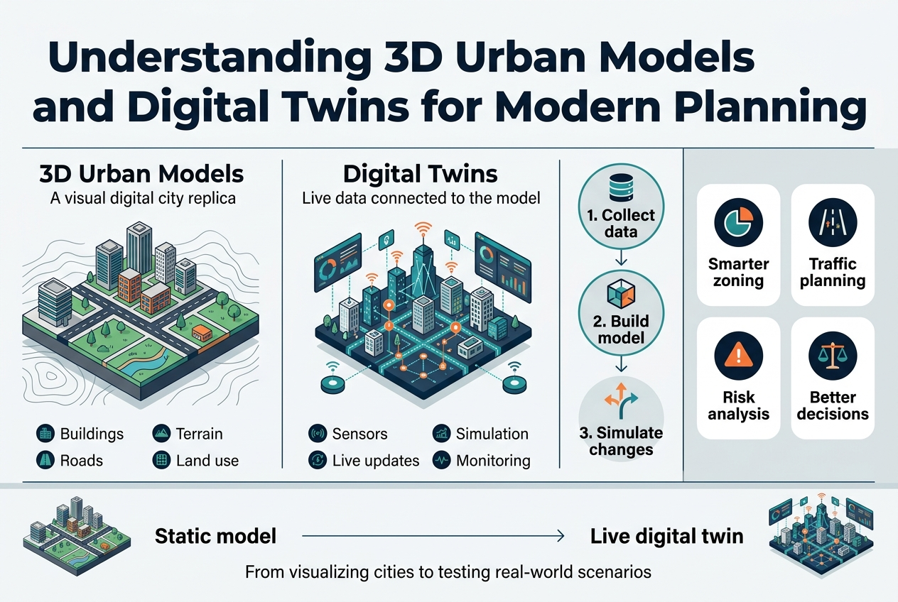 Create a full-bleed 3:2 landscape infographic with a clean professional city-planning aesthetic, using deep navy, teal, white, light gray, and accent orange. Bold sans-serif typography.
Top across the full width: large bold heading in dark navy text: "Understanding 3D Urban Models and Digital Twins for Modern Planning"
Below the heading, use a wide 4-section horizontal layout with clear dividers and modern flat icons.
Section 1 on the left: a 3D city block illustration with layered buildings, roads, parks, and topographic lines. Title text: "3D Urban Models" Subtitle text: "A visual digital city replica" Small bullet labels with icons: "Buildings" "Roads" "Terrain" "Land use"
Section 2 next to it: a connected city network illustration with glowing data nodes, sensors, and real-time dashboard panels. Title text: "Digital Twins" Subtitle text: "Live data connected to the model" Small bullet labels with icons: "Sensors" "Live updates" "Simulation" "Monitoring"
Section 3 in the center-right: a vertical numbered workflow with three circular steps connected by arrows. Step 1 text: "1. Collect data" Step 2 text: "2. Build model" Step 3 text: "3. Simulate changes" Use small matching icons for each step: database, 3D cube, branching arrows.
Section 4 on the far right: a benefit panel with four rounded boxes in a 2x2 grid, each with a bold icon and short label. Text in each box: "Smarter zoning" "Traffic planning" "Risk analysis" "Better decisions"
Bottom band across the width: a simple before-and-after planning comparison with two small city thumbnails. Left label: "Static model" Right label: "Live digital twin" Add a thin arrow between them and a short caption centered below: "From visualizing cities to testing real-world scenarios"
Use a modern grid, strong hierarchy, crisp vector illustration style, subtle shadows, and ample horizontal spacing. Place all text clearly and legibly within the infographic.