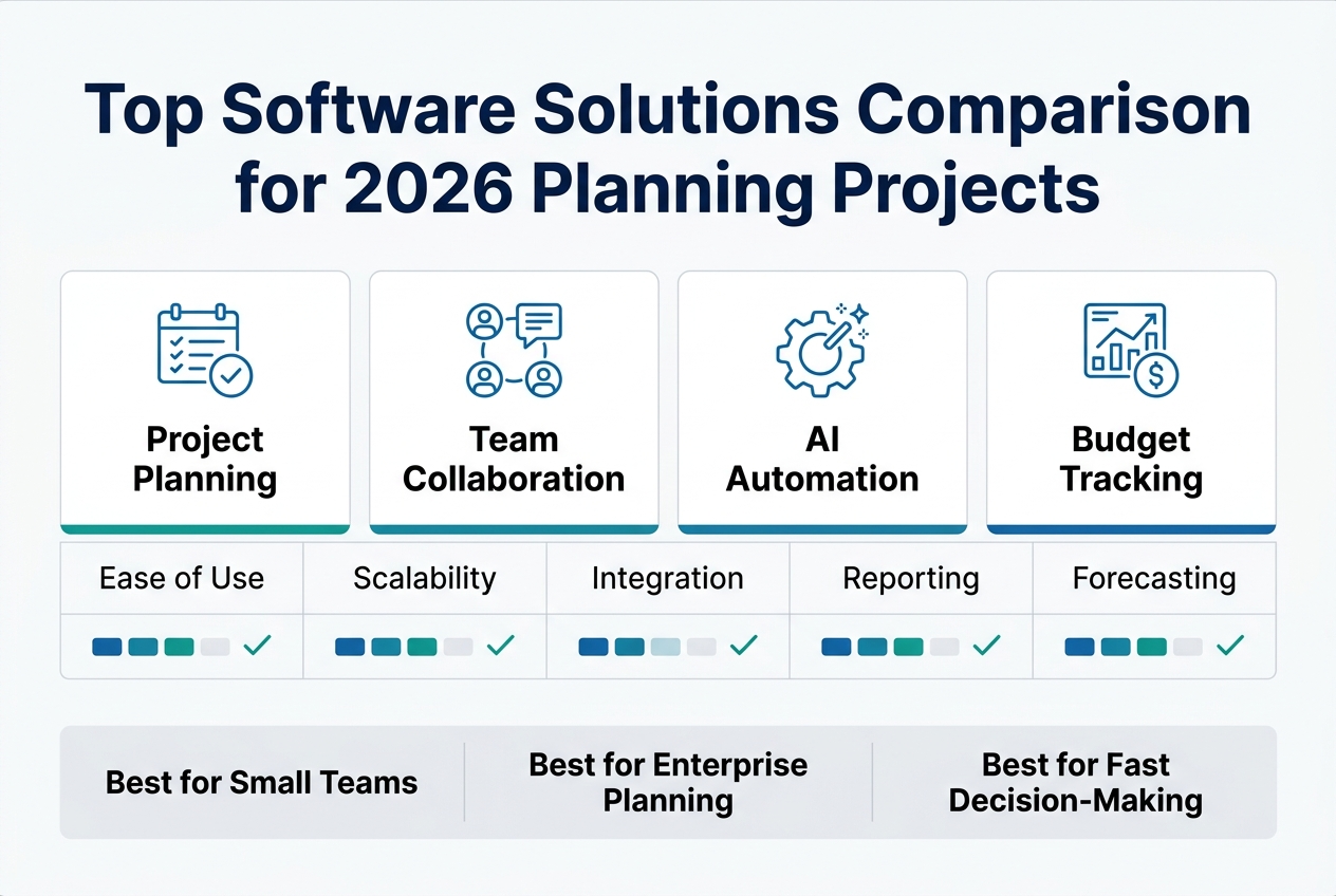 Create a full-bleed 3:2 landscape infographic in a clean, modern corporate style with a white background, deep navy headings, teal and blue accent colors, light gray dividers, and crisp sans-serif typography. Place a bold, large title across the top: "Top Software Solutions Comparison for 2026 Planning Projects".
Below the title, use a wide horizontal comparison layout with four evenly spaced sections/cards across the center of the image, each with a simple blue line icon at the top and a short label beneath in bold text:
1. "Project Planning" with a calendar and checklist icon
2. "Team Collaboration" with connected people and chat bubble icon
3. "AI Automation" with a gear and sparkle icon
4. "Budget Tracking" with a chart and dollar icon
Add a clean comparison row under the four cards using small colored bars and checkmarks, labeled left to right: "Ease of Use", "Scalability", "Integration", "Reporting", "Forecasting". Use subtle score indicators and thin grid lines.
At the bottom, include a wide summary band with three compact blocks:
"Best for Small Teams"
"Best for Enterprise Planning"
"Best for Fast Decision-Making"
Keep the layout balanced, professional, and easy to scan, with strong hierarchy, clear spacing, and no inset poster frame.