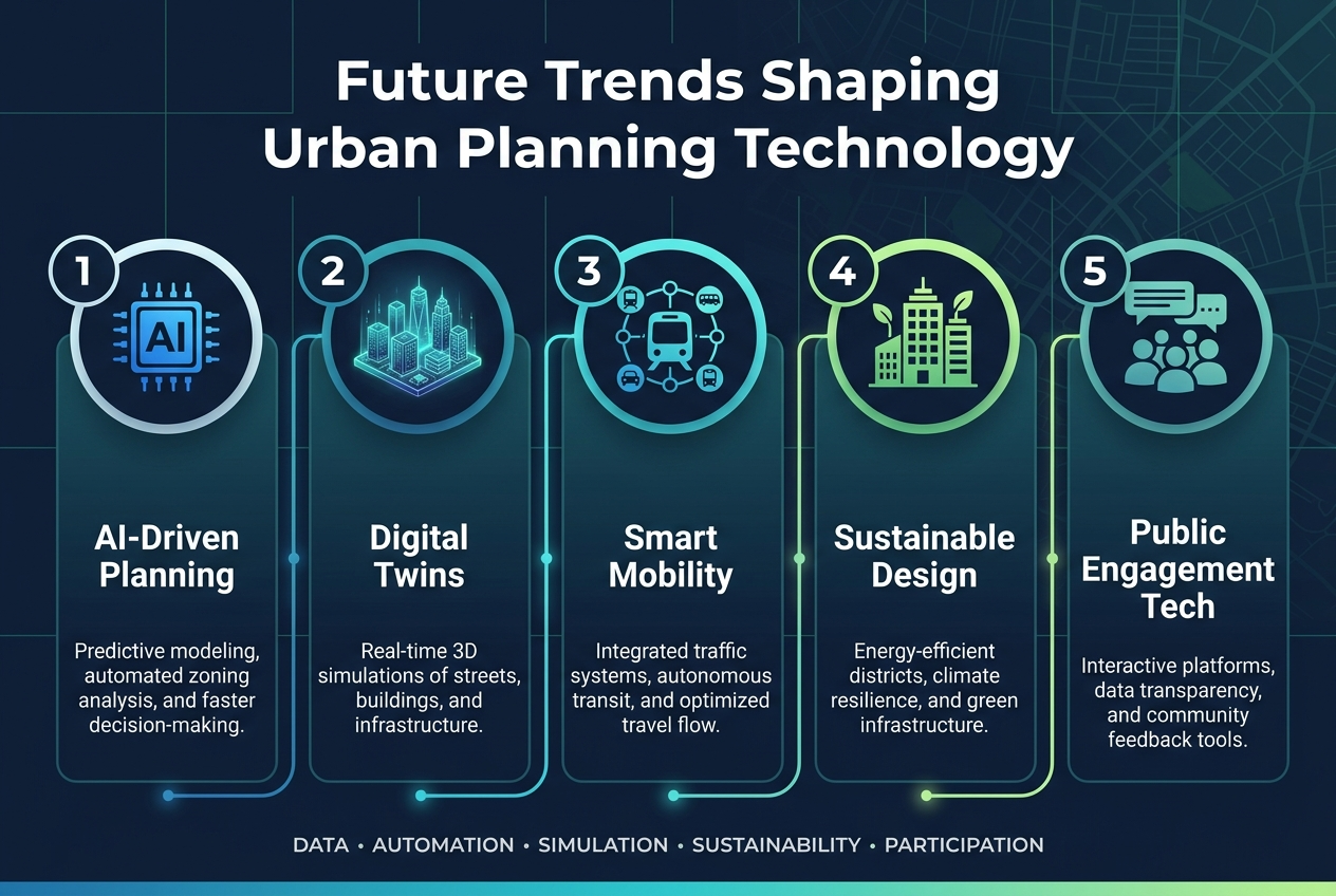 Create a full-bleed clean professional infographic in 3:2 aspect ratio titled “Future Trends Shaping Urban Planning Technology” in large bold modern sans-serif text across the top center. Use a sleek urban-tech color palette of deep navy, teal, cyan, white, and subtle lime accents, with thin grid lines and faint city-map background details.
Arrange the content in a wide 5-section horizontal layout across the lower two-thirds, with each section in its own rounded rectangular block and a large numbered circle icon at the top-left of each block. Use clear visual hierarchy, ample spacing, and a balanced multi-column design.
Section 1: Numbered circle “1” with a blue AI chip icon.
Text: “AI-Driven Planning”
Smaller subtext: “Predictive modeling, automated zoning analysis, and faster decision-making.”
Section 2: Numbered circle “2” with a glowing digital twin city icon.
Text: “Digital Twins”
Smaller subtext: “Real-time 3D simulations of streets, buildings, and infrastructure.”
Section 3: Numbered circle “3” with a connected transit icon.
Text: “Smart Mobility”
Smaller subtext: “Integrated traffic systems, autonomous transit, and optimized travel flow.”
Section 4: Numbered circle “4” with a green sustainable building icon.
Text: “Sustainable Design”
Smaller subtext: “Energy-efficient districts, climate resilience, and green infrastructure.”
Section 5: Numbered circle “5” with a citizen participation icon showing people and speech bubbles.
Text: “Public Engagement Tech”
Smaller subtext: “Interactive platforms, data transparency, and community feedback tools.”
Add a slim bottom band with small supporting text in uppercase:
“DATA • AUTOMATION • SIMULATION • SUSTAINABILITY • PARTICIPATION”
Use crisp vector illustration style, subtle gradients, white text on dark blocks, and luminous accent lines connecting the five sections. Keep the layout wide, modern, and easy to scan.