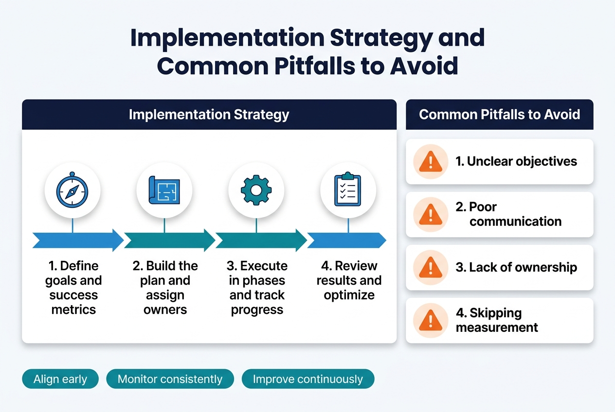 3:2 aspect ratio, full-bleed professional infographic on a clean light background with blue, teal, dark navy, and orange accents, modern sans-serif typography. Large bold title centered at the top: "Implementation Strategy and Common Pitfalls to Avoid". Below the title, a wide horizontal two-column layout.
LEFT SIDE: a section header in dark navy, "Implementation Strategy", with a numbered 4-step horizontal process using connected arrows and circular icons above each step:
1. A compass icon with the text "1. Define goals and success metrics"
2. A blueprint icon with the text "2. Build the plan and assign owners"
3. A gear icon with the text "3. Execute in phases and track progress"
4. A clipboard check icon with the text "4. Review results and optimize"
RIGHT SIDE: a section header in dark navy, "Common Pitfalls to Avoid", with four stacked warning cards, each with an orange warning symbol icon and bold label:
"1. Unclear objectives"
"2. Poor communication"
"3. Lack of ownership"
"4. Skipping measurement"
Add a small bottom bar across the full width with three compact callout badges in teal:
"Align early"
"Monitor consistently"
"Improve continuously"
Use strong visual hierarchy, clean spacing, crisp vector shapes, subtle shadows, and balanced wide composition; no poster frame, no narrow centered stack.
