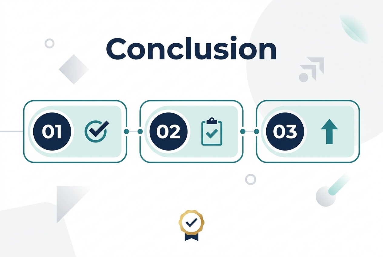 Full-bleed infographic illustration in 3:2 aspect ratio, clean professional corporate style, white background with deep navy and teal accents, subtle light gray geometric shapes and soft gradient highlights. Large bold heading at the top center: "Conclusion" in modern sans-serif font, dark navy, all caps or title case, highly legible.
Below the heading, create three wide horizontal summary blocks arranged left-to-right across the center of the canvas, evenly spaced and aligned. Each block is a rounded rectangle with a thin teal outline and a pale tinted fill. Inside each block, place a large numbered circle on the left: "01", "02", "03" in white text on dark navy circles. Next to each number, place a simple professional icon: a checkmark icon for the first block, a clipboard with check icon for the second block, and an upward arrow icon for the third block. Keep all icons flat, minimal, and teal/navy.
Add a subtle connecting line running behind the three blocks from left to right, with small dots at each block to suggest progression. Include a small concluding badge at the bottom center with a gold accent ring and a simple checkmark inside.
Use strong visual hierarchy, generous spacing, crisp vector shapes, balanced composition, and no inset margins. No extra text beyond "Conclusion" and the numbers "01", "02", "03".