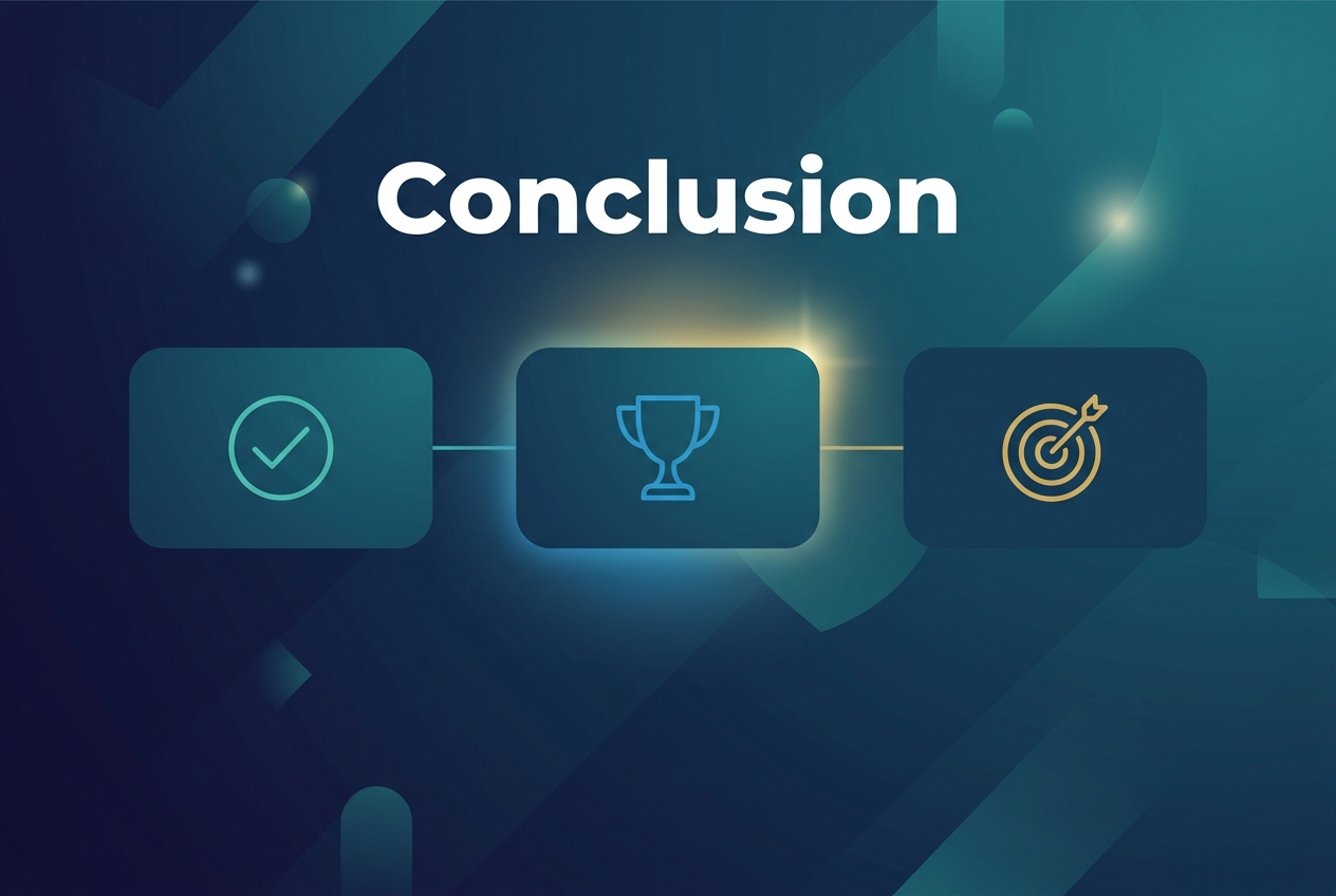 Create a full-bleed 3:2 landscape infographic with a clean professional corporate style. Use a deep navy-to-teal gradient background with subtle abstract geometric shapes and soft light accents. Place a large bold white heading at the top center that reads "Conclusion". Below the heading, create a wide horizontal center section with three evenly spaced rounded rectangular blocks across the page, each containing a simple flat icon: a checkmark in a circle on the left block, a trophy on the center block, and a target on the right block. Use matching accent colors of teal, blue, and gold with clean line icons. Add thin connecting lines between the three blocks to suggest a final summary flow. Include a subtle glowing highlight behind the center block. Use modern sans-serif typography, strong visual hierarchy, and generous spacing. Keep the layout wide and balanced, with no inset frame or vertical poster composition.