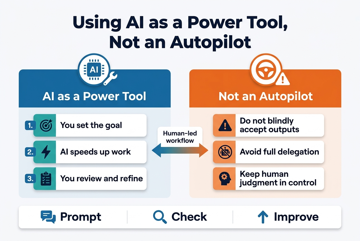 3:2 aspect ratio, full-bleed professional infographic with a clean modern tech style, white background with deep blue, teal, and orange accents, bold sans-serif typography.
Top center: large bold heading in dark navy text, exactly: "Using AI as a Power Tool, Not an Autopilot"
Below the heading, create a wide two-column comparison layout across the center of the canvas:
Left column: a blue panel with a circular AI chip icon and wrench icon at the top, title text: "AI as a Power Tool" in white bold text. Under it, three short numbered blocks with small icons:
1. "You set the goal" with a target icon
2. "AI speeds up work" with a lightning bolt icon
3. "You review and refine" with a checklist icon
Right column: an orange panel with a circular steering wheel icon and warning triangle icon at the top, title text: "Not an Autopilot" in white bold text. Under it, three short numbered blocks with small icons:
1. "Do not blindly accept outputs" with a caution icon
2. "Avoid full delegation" with a crossed-out robot icon
3. "Keep human judgment in control" with a human head and gear icon
Center between the columns: a horizontal arrow pointing from left to right with a small label above it, exactly: "Human-led workflow"
Bottom section spanning the width: a clean three-step strip with icons and short labels:
"Prompt" with a chat bubble icon
"Check" with a magnifying glass icon
"Improve" with an upward arrow icon
Use clear visual hierarchy, strong spacing, crisp vector shapes, subtle shadows, and balanced wide composition with no vertical poster framing.