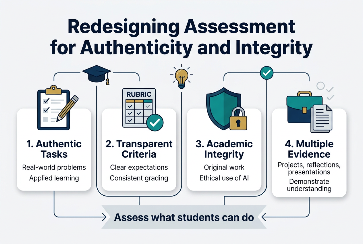 Full-bleed 3:2 infographic illustration, clean modern professional style, white background with deep navy, teal, gold, and light gray accents, bold sans-serif typography. Large heading at the top centered: "Redesigning Assessment for Authenticity and Integrity". Beneath the heading, a wide horizontal 4-block layout across the page with clear icons and short labels in each block.
Left block: a clipboard and pencil icon, title text "1. Authentic Tasks", with smaller text "Real-world problems" and "Applied learning".
Second block: a rubric and checkmark icon, title text "2. Transparent Criteria", with smaller text "Clear expectations" and "Consistent grading".
Third block: a shield and lock icon, title text "3. Academic Integrity", with smaller text "Original work" and "Ethical use of AI".
Right block: a portfolio and document stack icon, title text "4. Multiple Evidence", with smaller text "Projects, reflections, presentations" and "Demonstrate understanding".
Add a subtle center-bottom banner with a connected arrow flow linking the four blocks to a final highlighted message: "Assess what students can do". Use thin connecting lines, rounded cards, balanced spacing, and strong visual hierarchy. Include small decorative academic icons such as a graduation cap, lightbulb, and checkmarks. No border frame, no narrow vertical stack, no extra text.