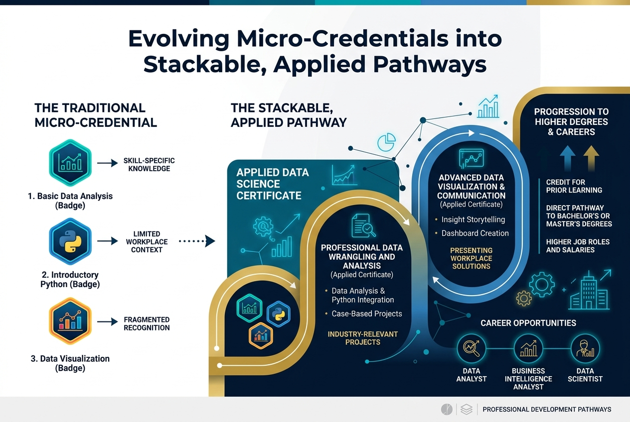 Full-bleed 3:2 landscape infographic, clean professional style, white background with deep navy, teal, blue, and gold accents, modern sans-serif typography. Large bold heading across the top center: "Evolving Micro-Credentials into Stackable, Applied Pathways".
Below the heading, create a wide horizontal 4-step flow from left to right with connected arrows, using large numbered circular markers and simple icons in each section:
1. Left section: small credential badge icons, label in a bold subheading: "Micro-Credentials", with supporting text: "Short, focused learning units" and "Skills-specific".
2. Second section: stacked modular blocks, label: "Stackable", with supporting text: "Combine multiple credentials" and "Build toward larger qualifications".
3. Third section: pathway map icon with branching nodes, label: "Applied Pathways", with supporting text: "Organized into learning routes" and "Aligned to real-world skills".
4. Right section: graduation cap and briefcase icon, label: "Career Outcomes", with supporting text: "Industry-ready competencies" and "Job-relevant advancement".
Add a slim bottom band spanning the width with three small callout blocks and icons: checkmark icon with "Flexible", puzzle piece icon with "Portable", target icon with "Career-Aligned". Use subtle light gray separators, crisp icon outlines, strong visual hierarchy, ample spacing, and balanced multi-column layout. No frame border, no poster border, no vertical stack.