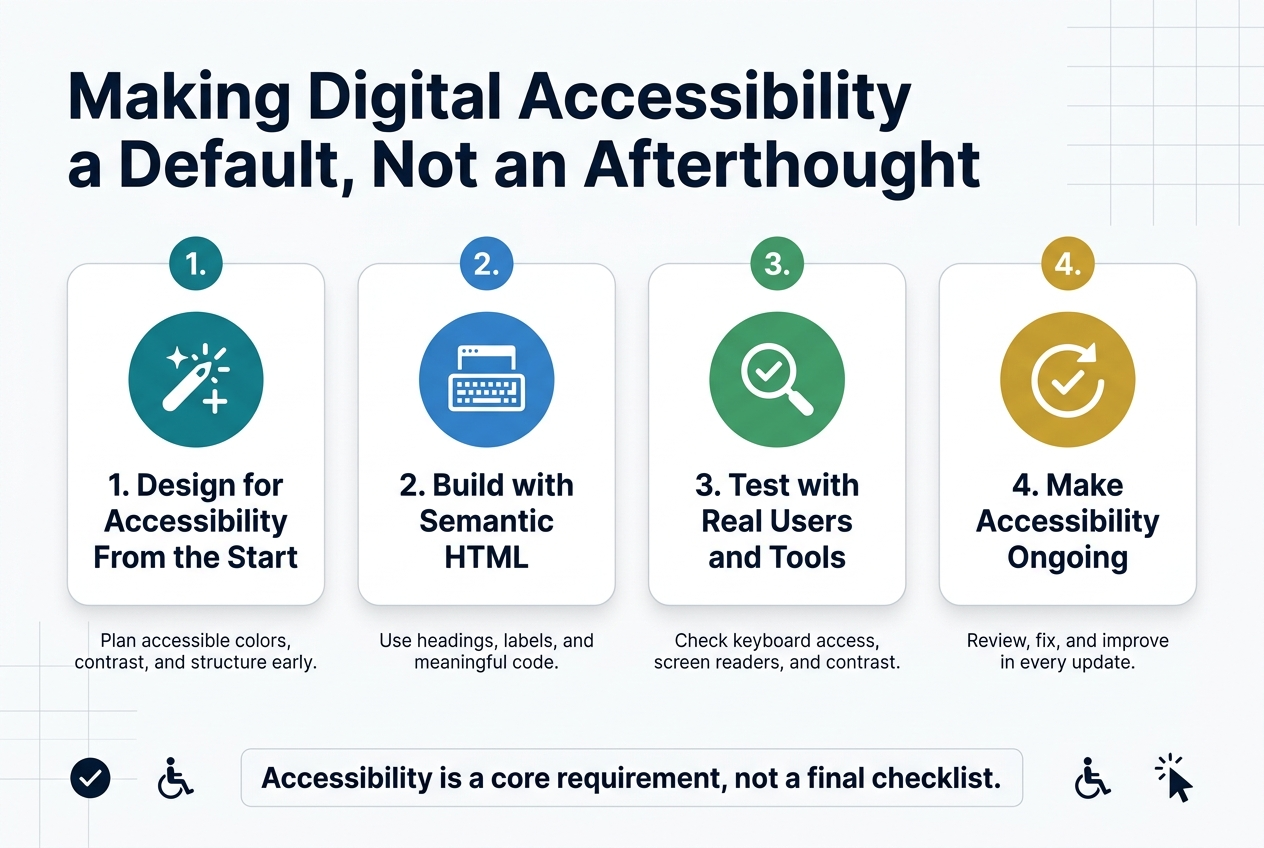 Create a clean professional infographic in a 3:2 landscape aspect ratio with a full-bleed layout, white background, deep navy and teal color palette, subtle light-gray grid accents, and modern sans-serif typography. Place a bold top heading across the upper left: "Making Digital Accessibility a Default, Not an Afterthought".
Below the heading, use a wide horizontal 4-step layout with four evenly spaced sections across the center of the canvas, each in a rounded rectangle card with a distinct icon and short label. Use numbered circles above each card title.
Section 1 on the left: a teal circle icon with a spark/plus symbol, title text: "1. Design for Accessibility From the Start", with a small subtitle: "Plan accessible colors, contrast, and structure early."
Section 2 left-center: a blue circle icon with a keyboard and screen, title text: "2. Build with Semantic HTML", with a small subtitle: "Use headings, labels, and meaningful code."
Section 3 right-center: a green circle icon with a magnifying glass and checkmark, title text: "3. Test with Real Users and Tools", with a small subtitle: "Check keyboard access, screen readers, and contrast."
Section 4 on the right: a gold circle icon with an arrow looping back into a checkmark, title text: "4. Make Accessibility Ongoing", with a small subtitle: "Review, fix, and improve in every update."
Add a small bottom banner spanning the width near the lower edge with bold text: "Accessibility is a core requirement, not a final checklist." Include small minimalist icons near the banner: a checkmark, a wheelchair accessibility symbol, and a cursor pointer. Keep the composition balanced, wide, and uncluttered, with clear hierarchy and strong spacing.