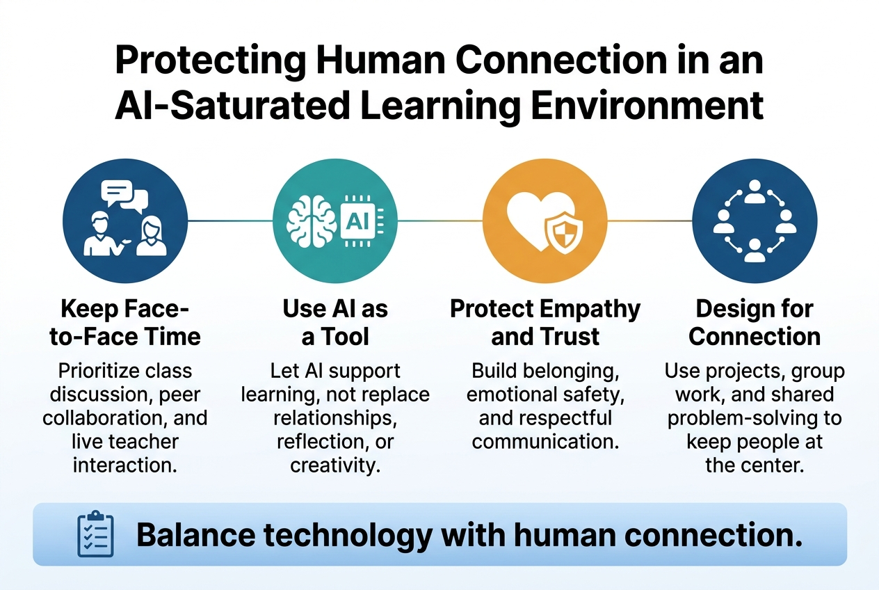 3:2 full-bleed professional infographic, clean modern style, white background with deep blue, teal, and warm orange accents, bold sans-serif typography.
Top center large bold heading: "Protecting Human Connection in an AI-Saturated Learning Environment"
Below the heading, a wide 4-column horizontal layout with four equal sections, each with a colored circular icon above a short title and 2-line body text.
Section 1 on the left: icon of two people talking with speech bubbles, title in bold: "Keep Face-to-Face Time", body text: "Prioritize class discussion, peer collaboration, and live teacher interaction."
Section 2 left-center: icon of a brain and AI chip side by side, title in bold: "Use AI as a Tool", body text: "Let AI support learning, not replace relationships, reflection, or creativity."
Section 3 right-center: icon of a heart and shield, title in bold: "Protect Empathy and Trust", body text: "Build belonging, emotional safety, and respectful communication."
Section 4 on the right: icon of a classroom circle with connected dots, title in bold: "Design for Connection", body text: "Use projects, group work, and shared problem-solving to keep people at the center."
Along the bottom, a wide highlighted banner with a subtle blue gradient and a checklist icon on the left, containing the text in bold: "Balance technology with human connection."
Use clear visual hierarchy, ample spacing, crisp flat vector icons, subtle lines connecting the four sections, and a polished educational editorial infographic look.