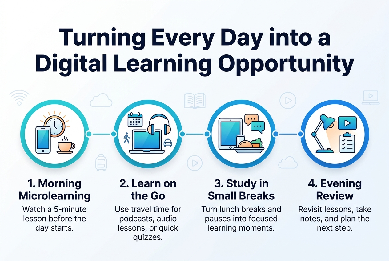 Create a clean full-bleed infographic in 3:2 aspect ratio with a modern professional flat vector style, bright blue, teal, white, and soft orange color palette, subtle gradients, crisp line icons, and strong visual hierarchy. Place a bold top heading across the upper third in dark navy sans-serif text: "Turning Every Day into a Digital Learning Opportunity".
Use a wide horizontal layout with four evenly spaced numbered sections across the middle and lower area, not a vertical poster. Each section should have a circular icon, a short title, and one brief supporting line.
Section 1 on the left: a sunrise clock, smartphone, and coffee cup icon. Title text: "1. Morning Microlearning". Supporting text: "Watch a 5-minute lesson before the day starts."
Section 2 left-center: a laptop and headphones icon with a calendar and commute symbols. Title text: "2. Learn on the Go". Supporting text: "Use travel time for podcasts, audio lessons, or quick quizzes."
Section 3 right-center: a tablet beside a lunch tray and chat bubbles icon. Title text: "3. Study in Small Breaks". Supporting text: "Turn lunch breaks and pauses into focused learning moments."
Section 4 on the right: a desk lamp, video play button, and checklist icon. Title text: "4. Evening Review". Supporting text: "Revisit lessons, take notes, and plan the next step."
Add a slim horizontal connector line with small dots running behind the four sections to show a daily learning flow. Include a subtle background with faint digital icons such as Wi‑Fi, cloud, book, and play symbols. Use ample whitespace, aligned text blocks, and clear icon-first composition. All text should be sharp and readable, with the title largest, section headings medium bold, and supporting lines smaller.