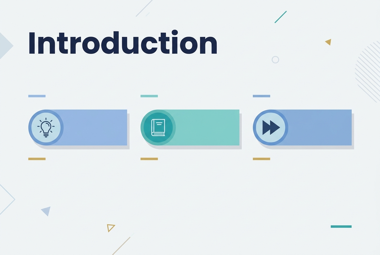 Full-bleed professional infographic illustration in 3:2 aspect ratio. Clean modern flat design with a light neutral background, subtle geometric accents, and strong visual hierarchy. Place a large bold heading at the top left reading "Introduction" in dark navy sans-serif font. Across the center and lower half, arrange three wide horizontal feature blocks in a clean three-column layout, each with a distinct circular icon on the left side of the block: a lightbulb icon, a book icon, and a forward arrow icon. Use soft blue, teal, and gold accent colors with matching small dividers and minimal shadows. Keep the composition open and spacious, with no vertical poster framing and no inset margins. Include no other text.